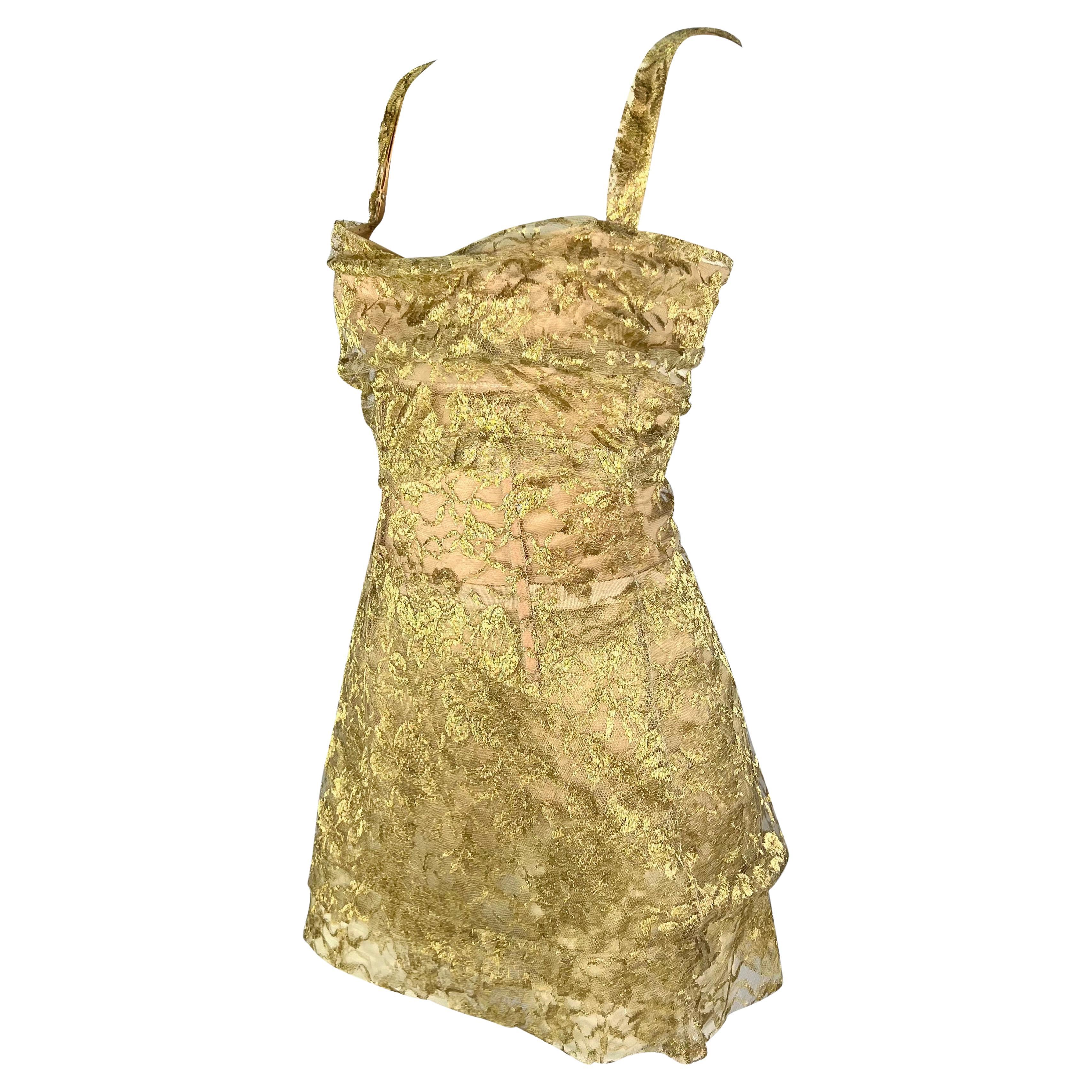 F/W 1996 Dolce & Gabbana Sheer Gold Lace Corset Boned Beige Bodysuit Mini Dress In Excellent Condition For Sale In West Hollywood, CA
