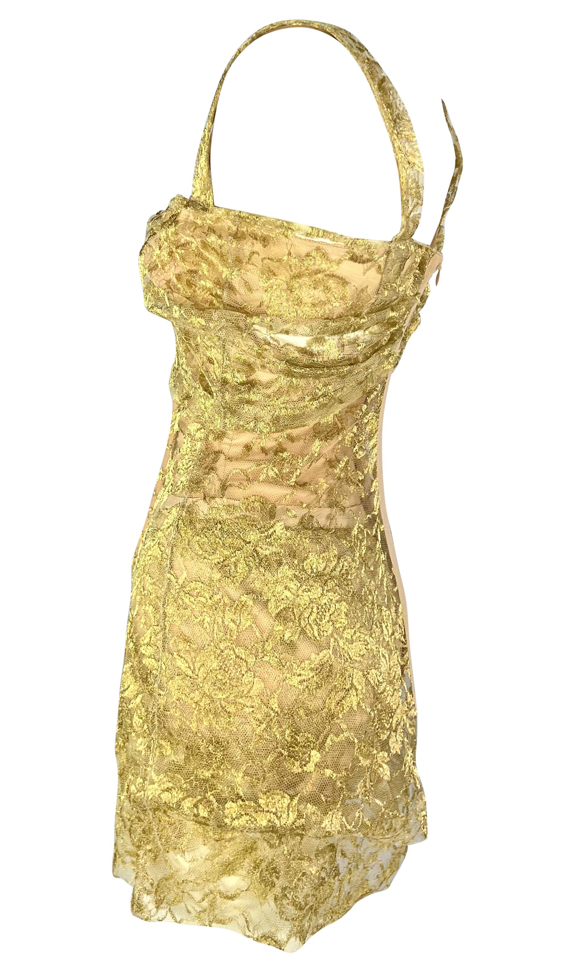 Women's F/W 1996 Dolce & Gabbana Sheer Gold Lace Corset Boned Beige Bodysuit Mini Dress For Sale