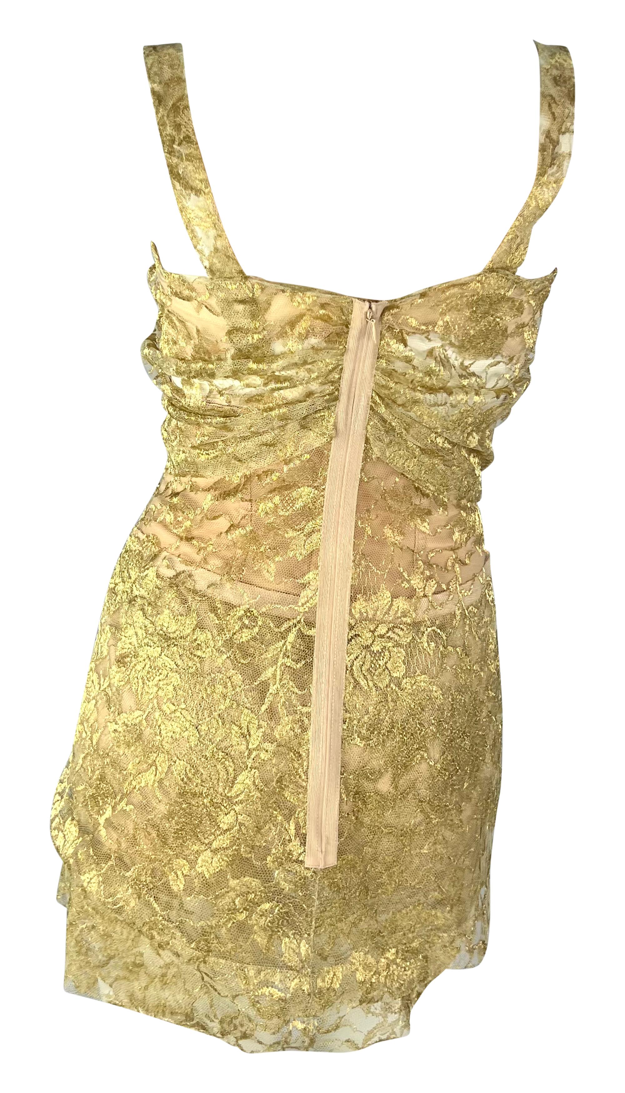 F/W 1996 Dolce & Gabbana Sheer Gold Lace Corset Boned Beige Bodysuit Mini Dress For Sale 1