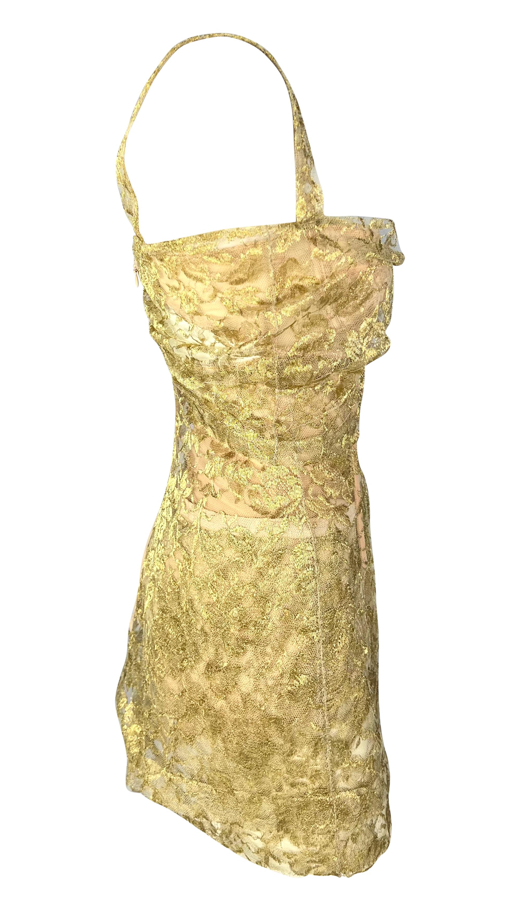 F/W 1996 Dolce & Gabbana Sheer Gold Lace Corset Boned Beige Bodysuit Mini Dress For Sale 2