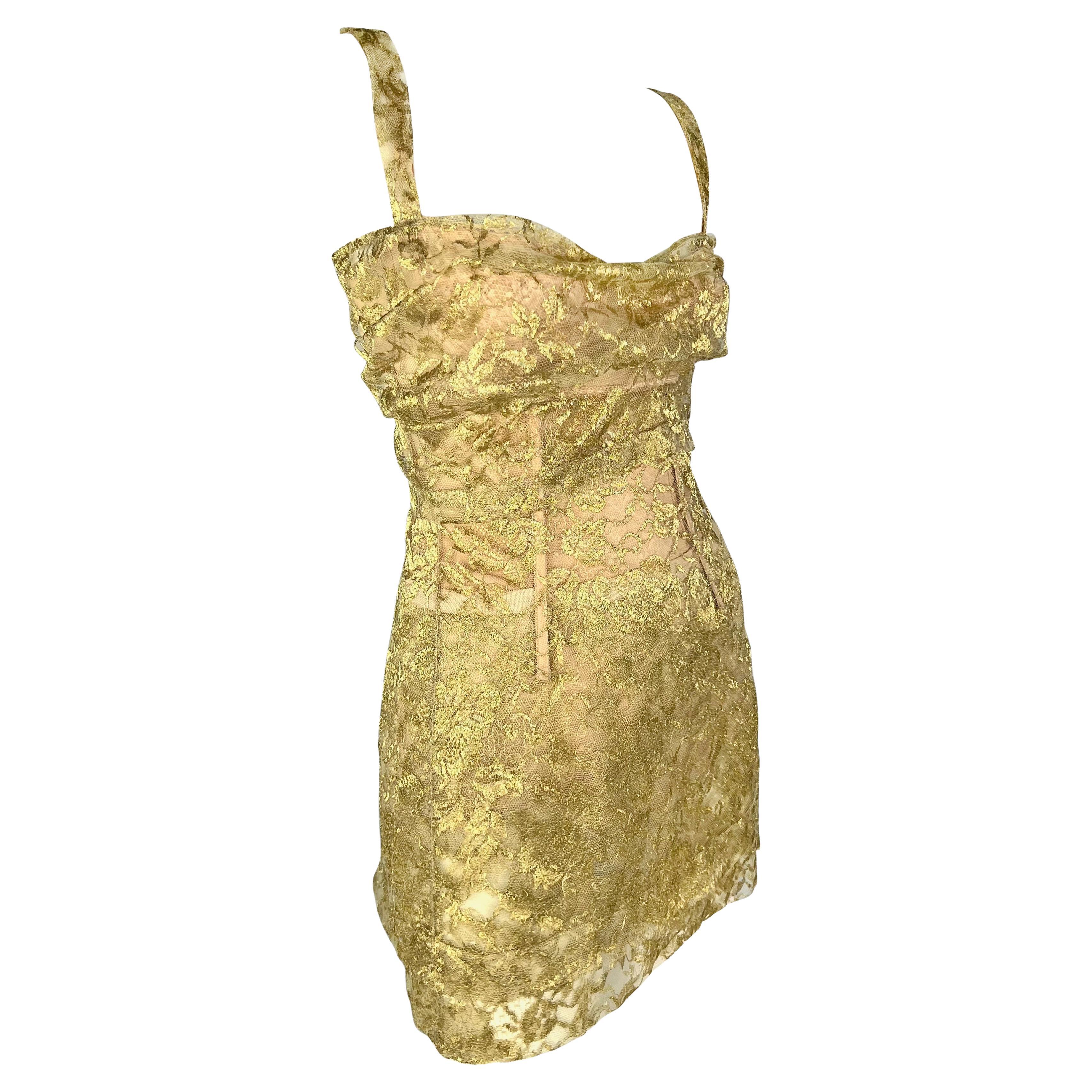 F/W 1996 Dolce & Gabbana Sheer Gold Lace Corset Boned Beige Bodysuit Mini Dress For Sale 3