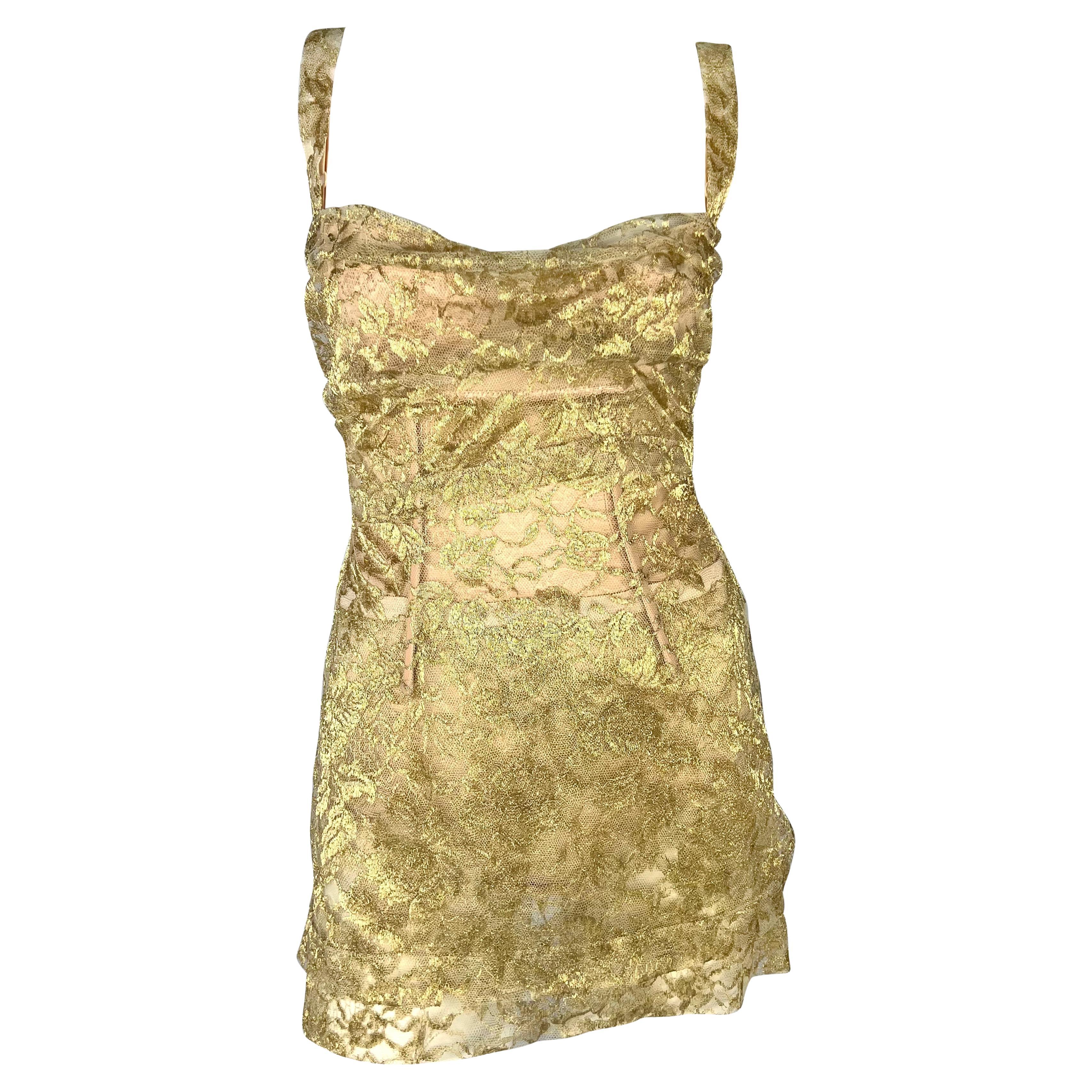 F/W 1996 Dolce & Gabbana Sheer Gold Lace Corset Boned Beige Bodysuit Mini Dress For Sale