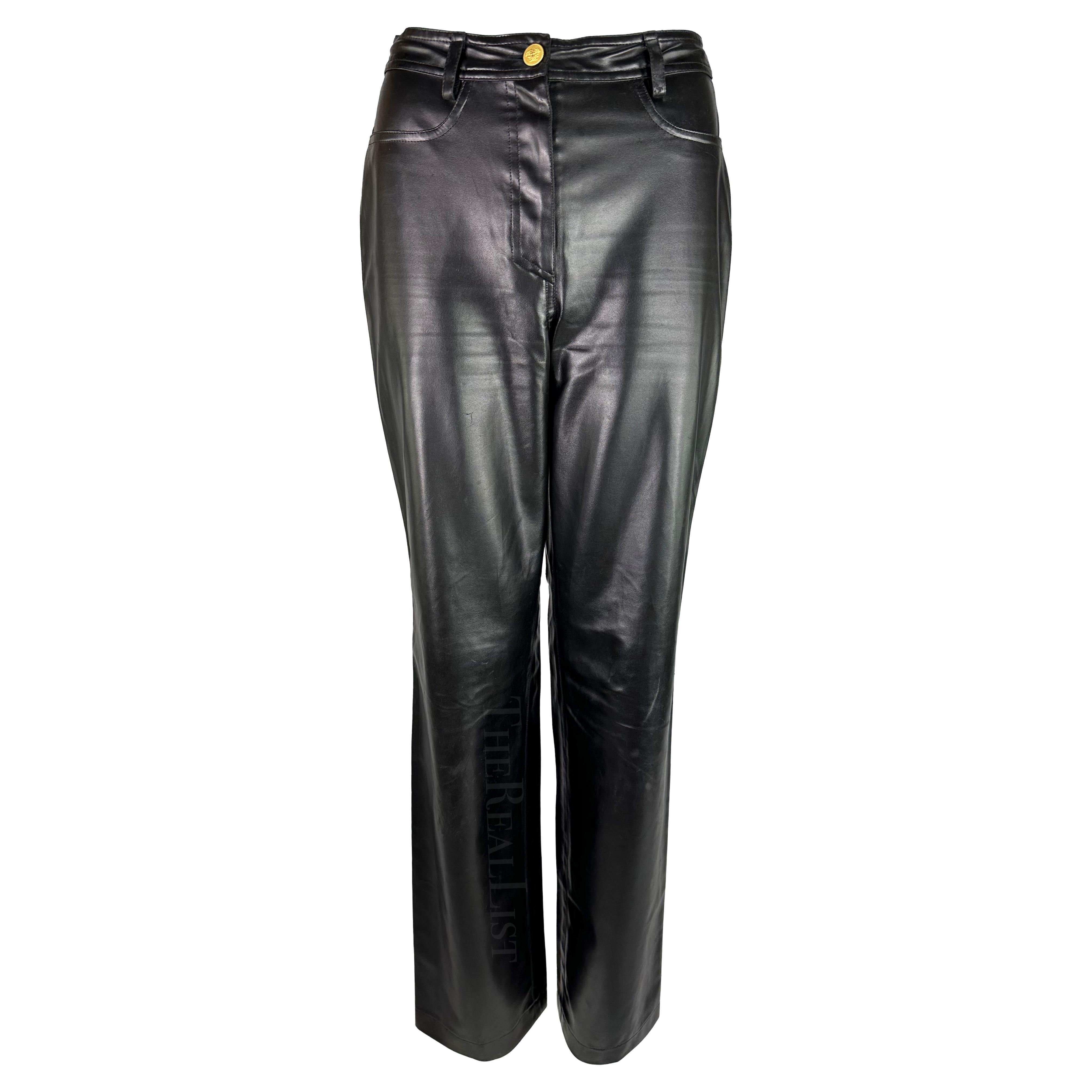 F/W 1996 Gianni Versace Black Faux Leather Wide Leg Pants For Sale