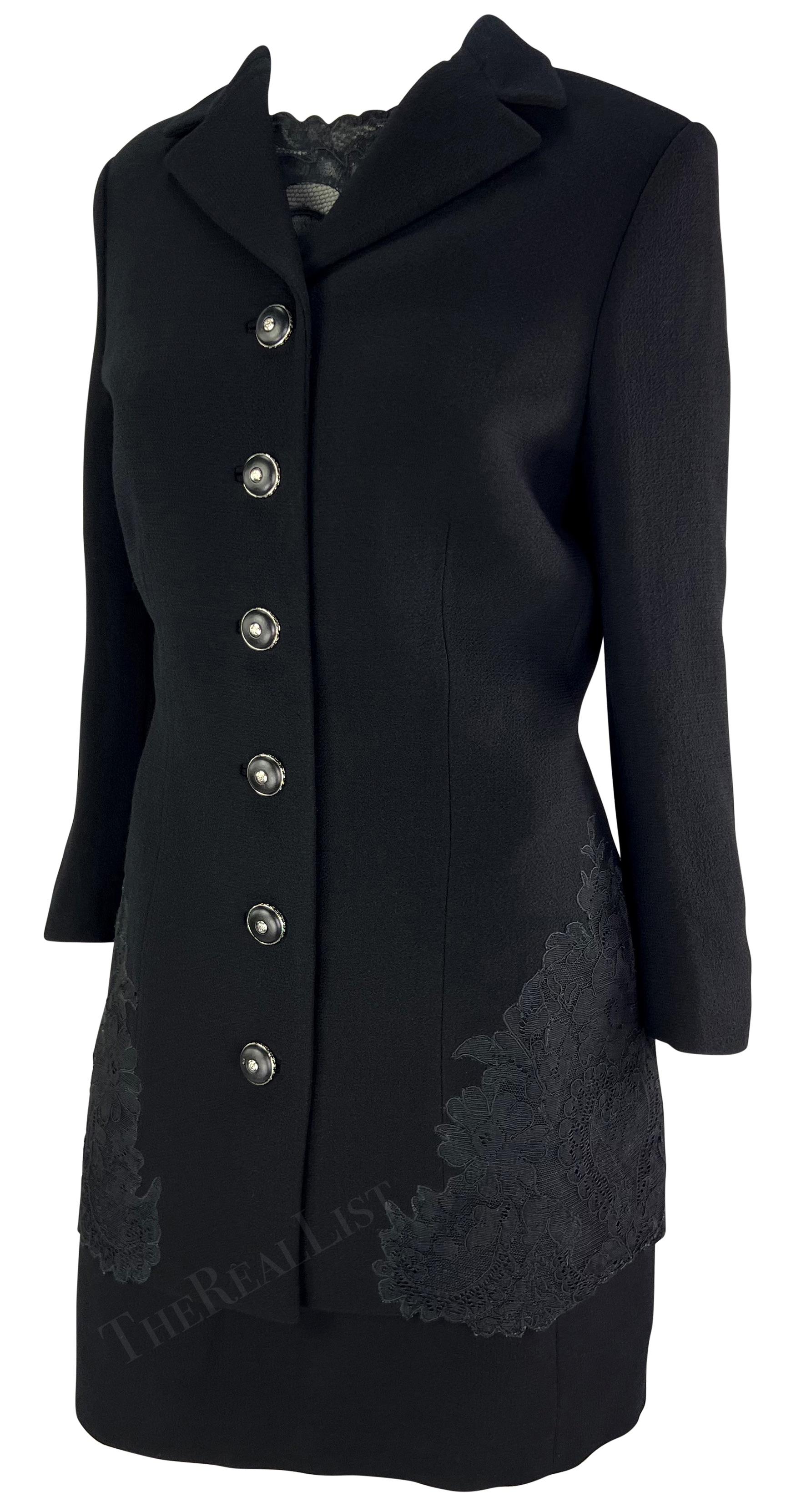F/W 1996 Gianni Versace Black Sheer Lace Trim Medusa Dress Jacket Set For Sale 2
