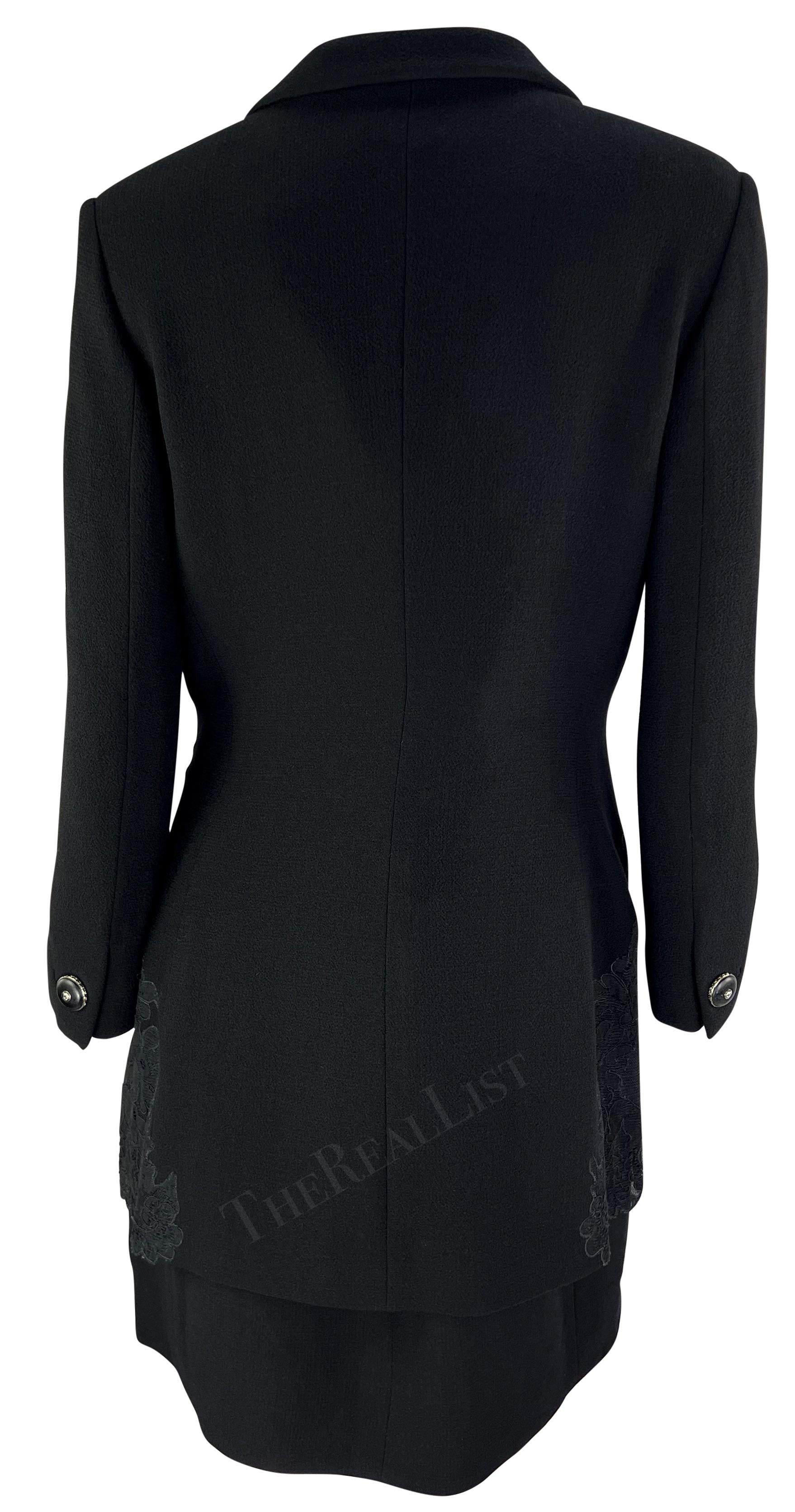 F/W 1996 Gianni Versace Black Sheer Lace Trim Medusa Dress Jacket Set For Sale 4