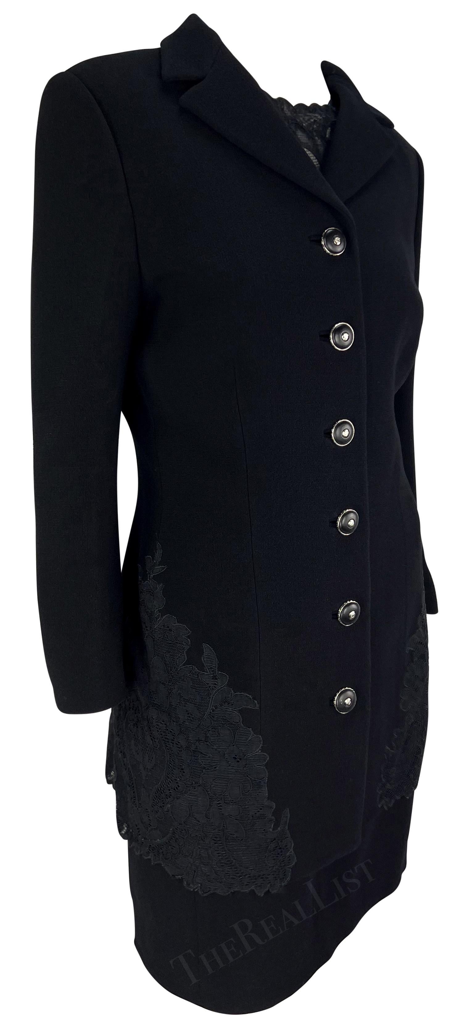 F/W 1996 Gianni Versace Black Sheer Lace Trim Medusa Dress Jacket Set For Sale 5