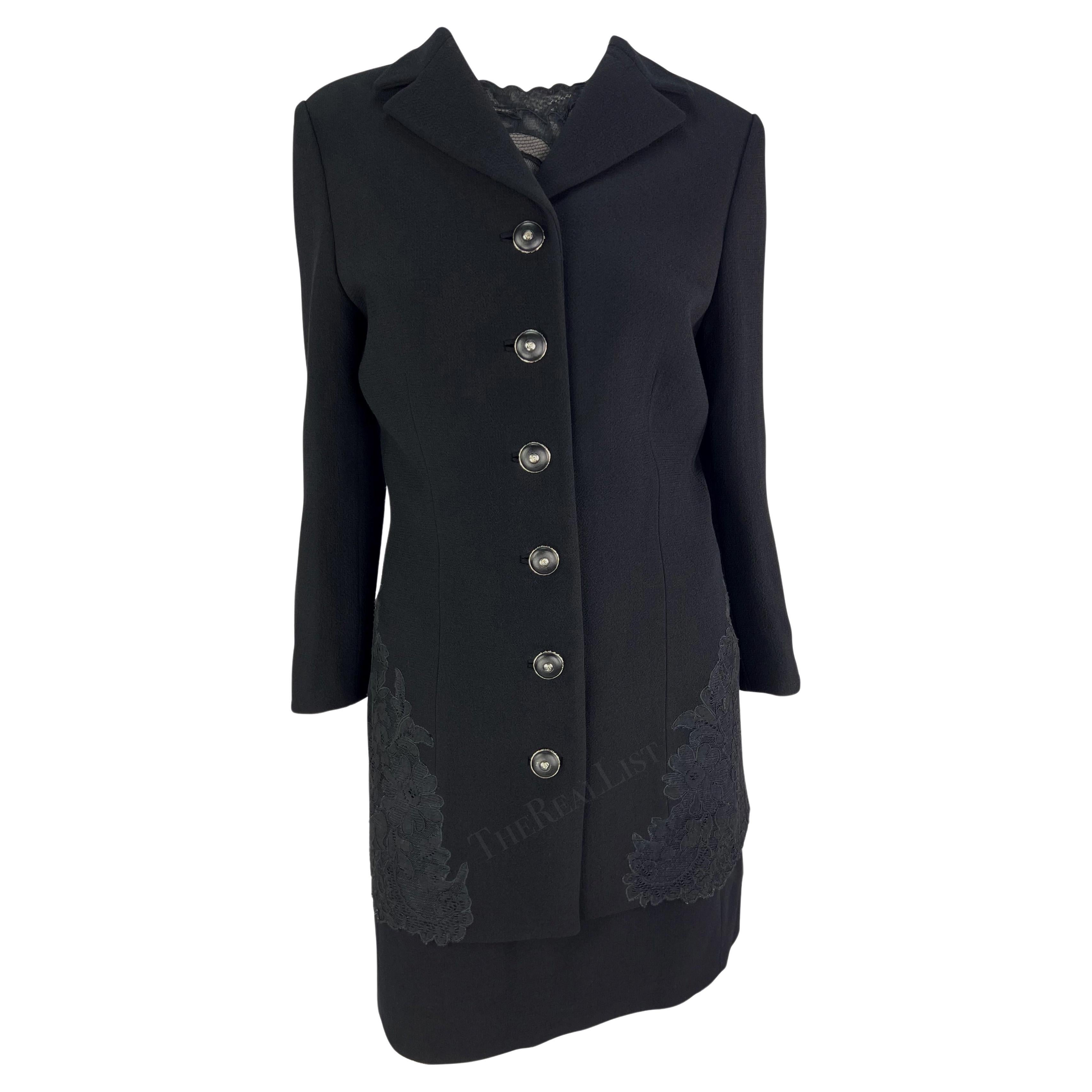 F/W 1996 Gianni Versace Black Sheer Lace Trim Medusa Dress Jacket Set  For Sale
