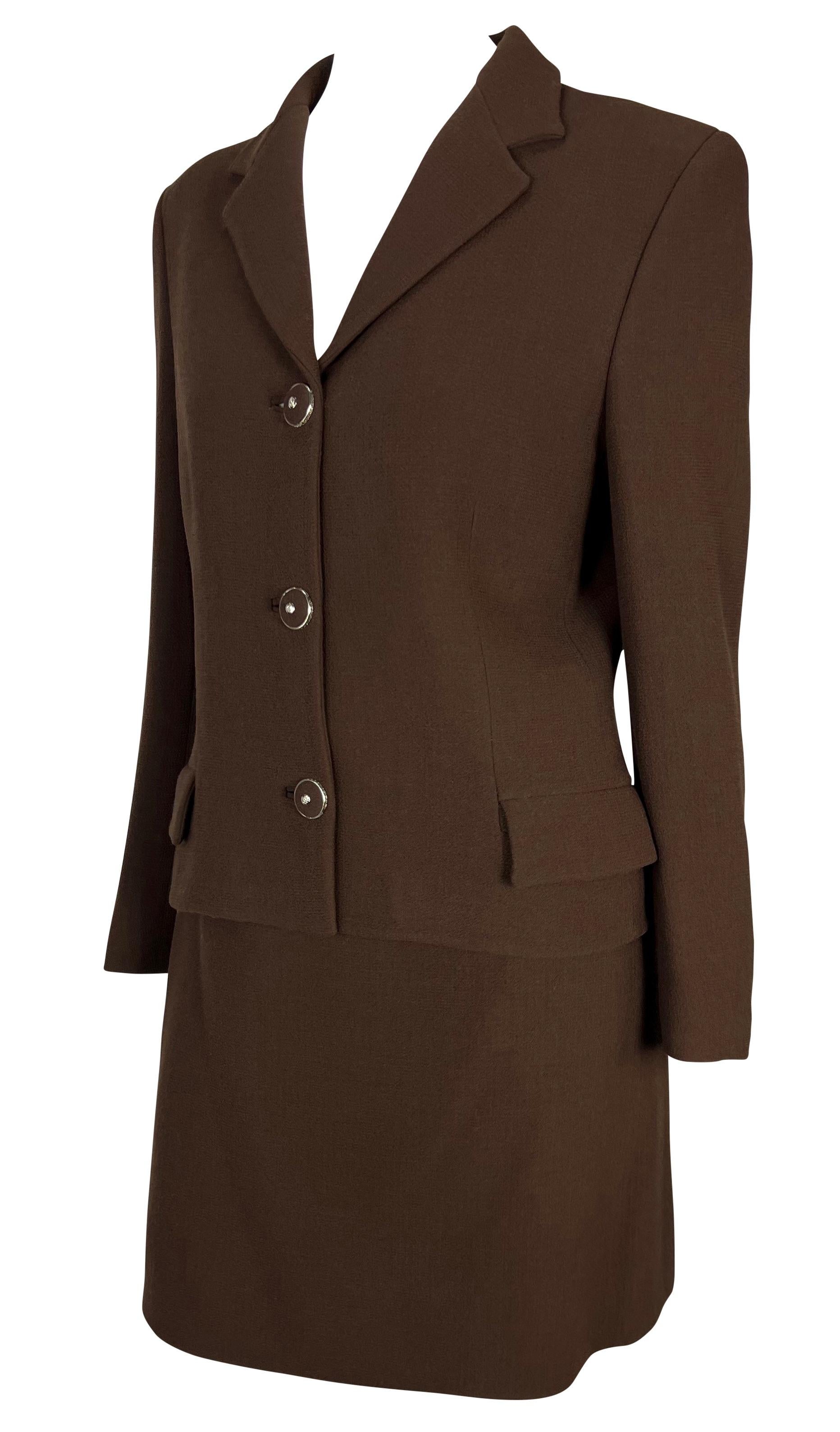 Black F/W 1996 Gianni Versace Buckle Accent Brown Medusa Button Belted Skirt Suit
