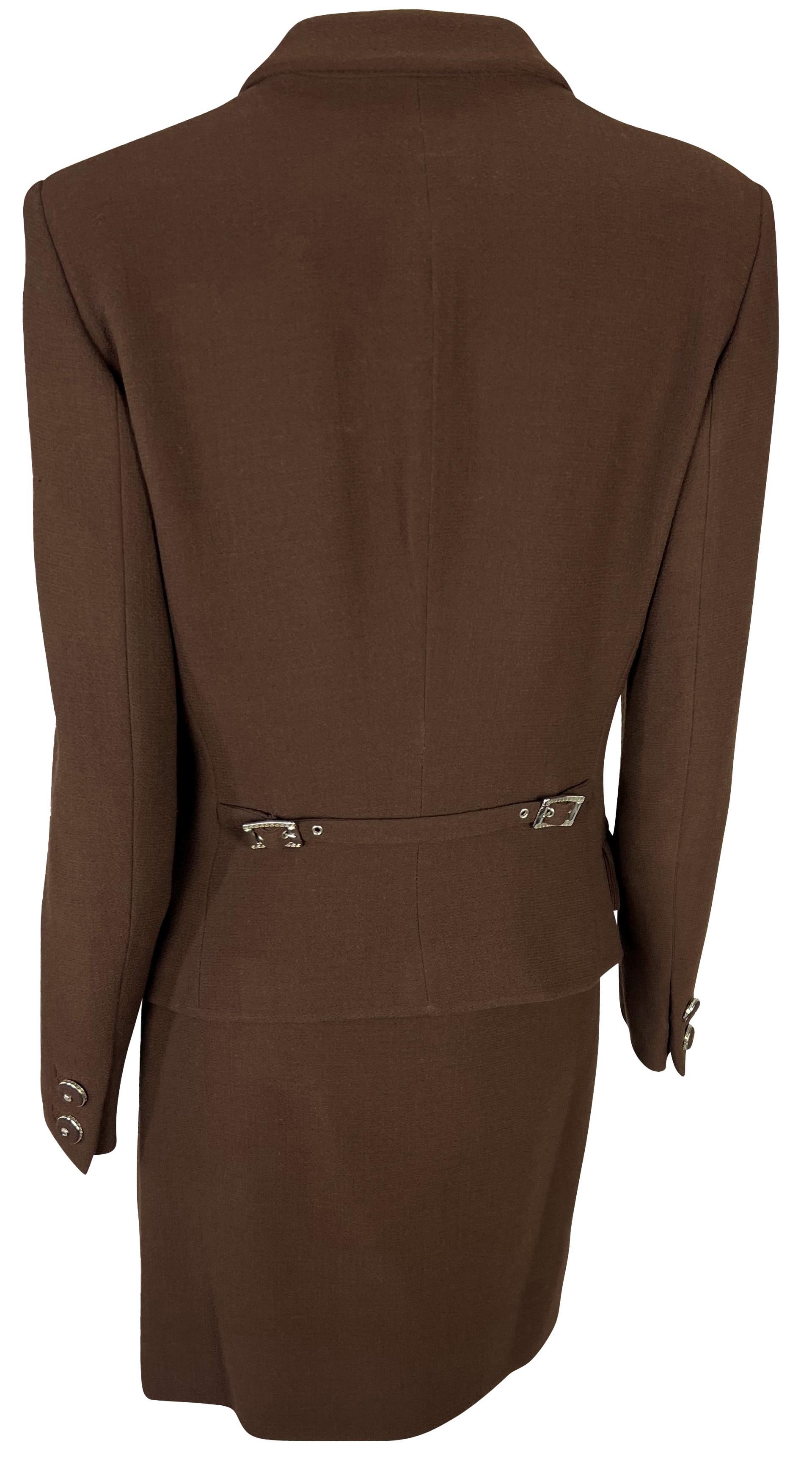 Women's F/W 1996 Gianni Versace Buckle Accent Brown Medusa Button Belted Skirt Suit