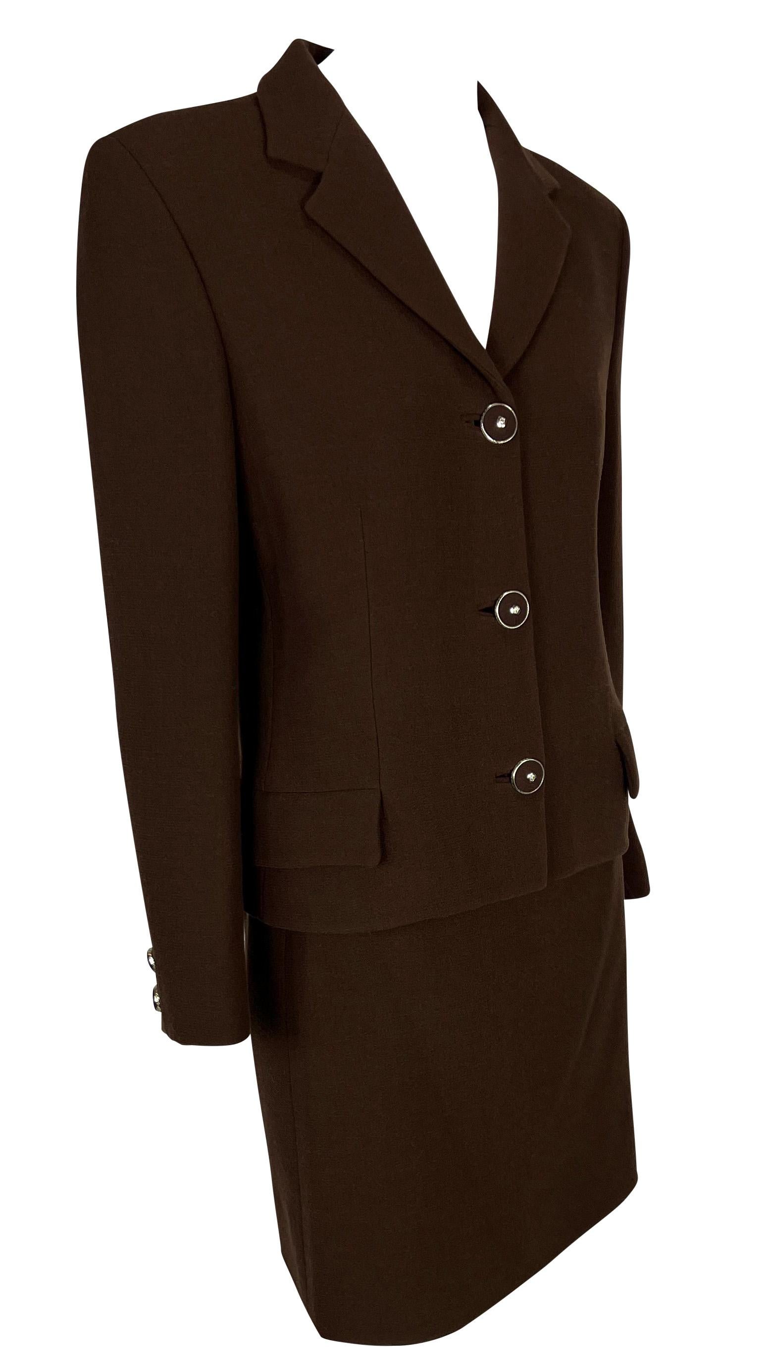 F/W 1996 Gianni Versace Buckle Accent Brown Medusa Button Belted Skirt Suit 3