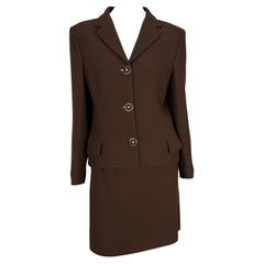 F/W 1996 Gianni Versace Buckle Accent Brown Medusa Button Belted Skirt Suit