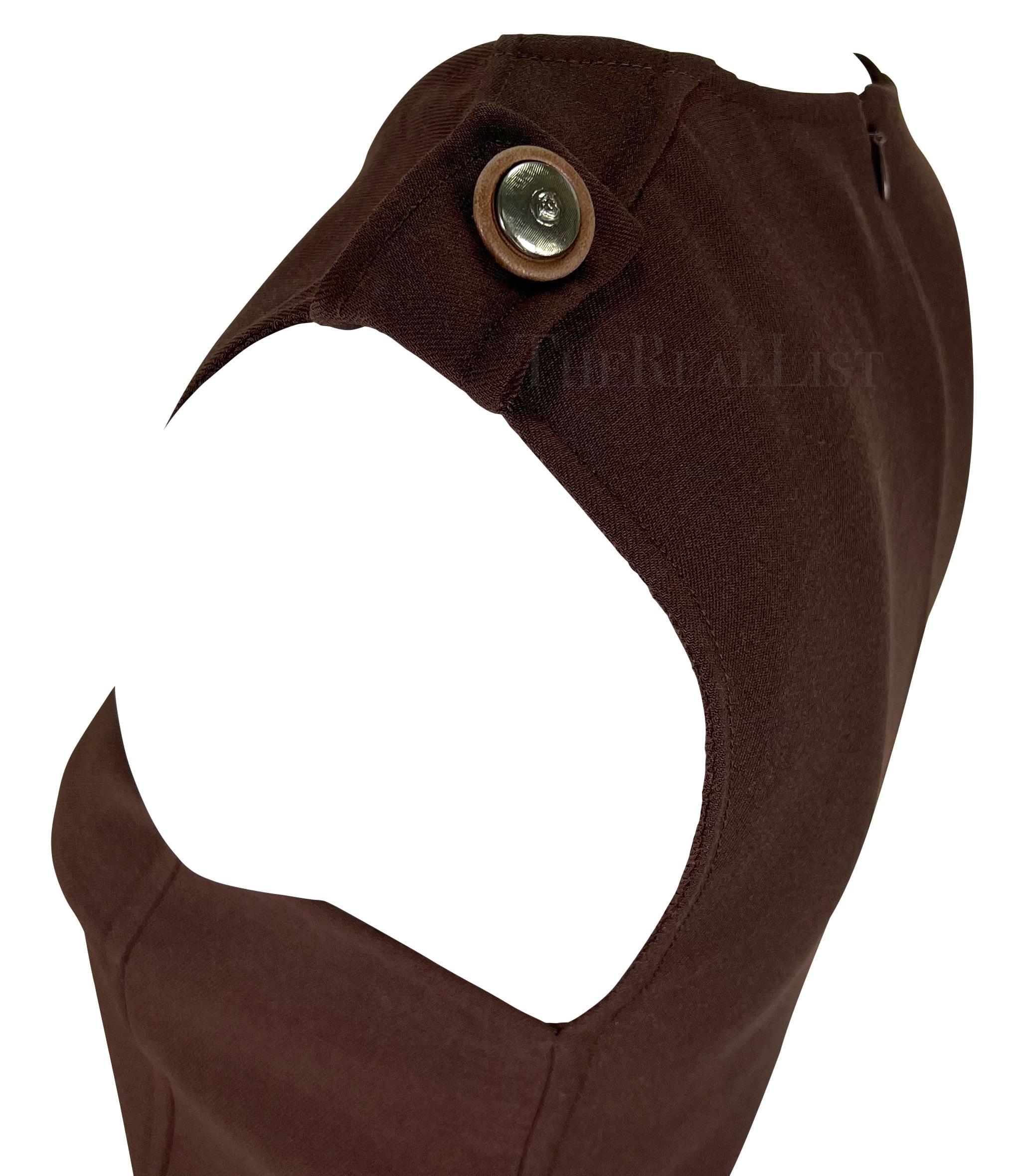 F/W 1996 Gianni Versace Couture Brown Medusa Epaulette Sleeveless Dress In Excellent Condition For Sale In West Hollywood, CA