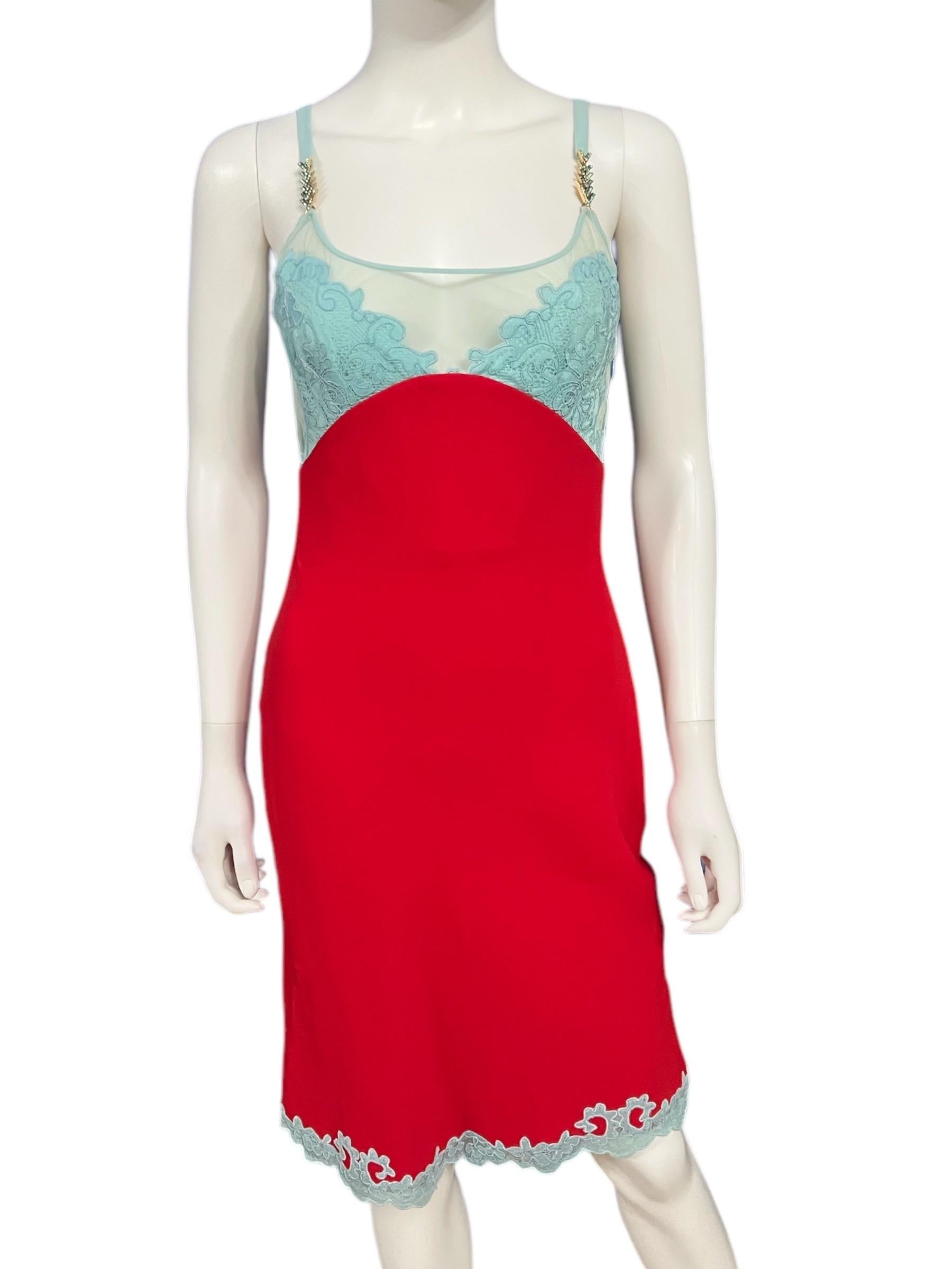 Red F/W 1996 Gianni Versace Couture Lace Crystal Slip Dress For Sale