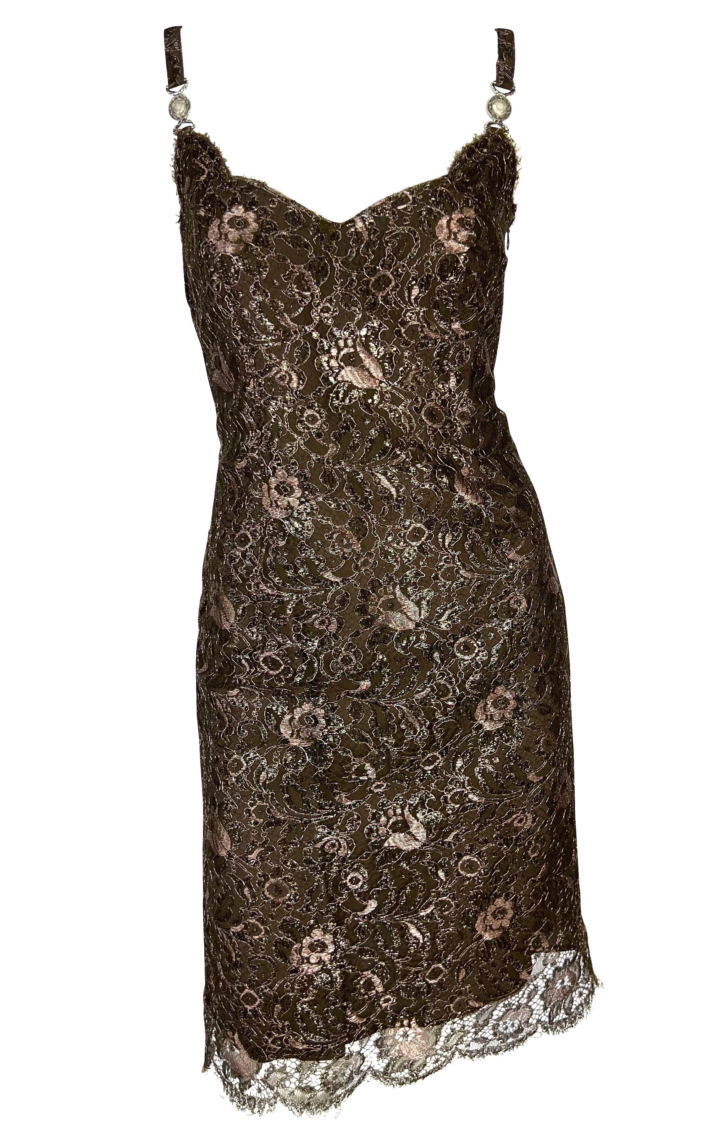 Noir F/W 1996 Gianni Versace Couture Metallic Brown Floral Lace Medusa Mini Dress en vente