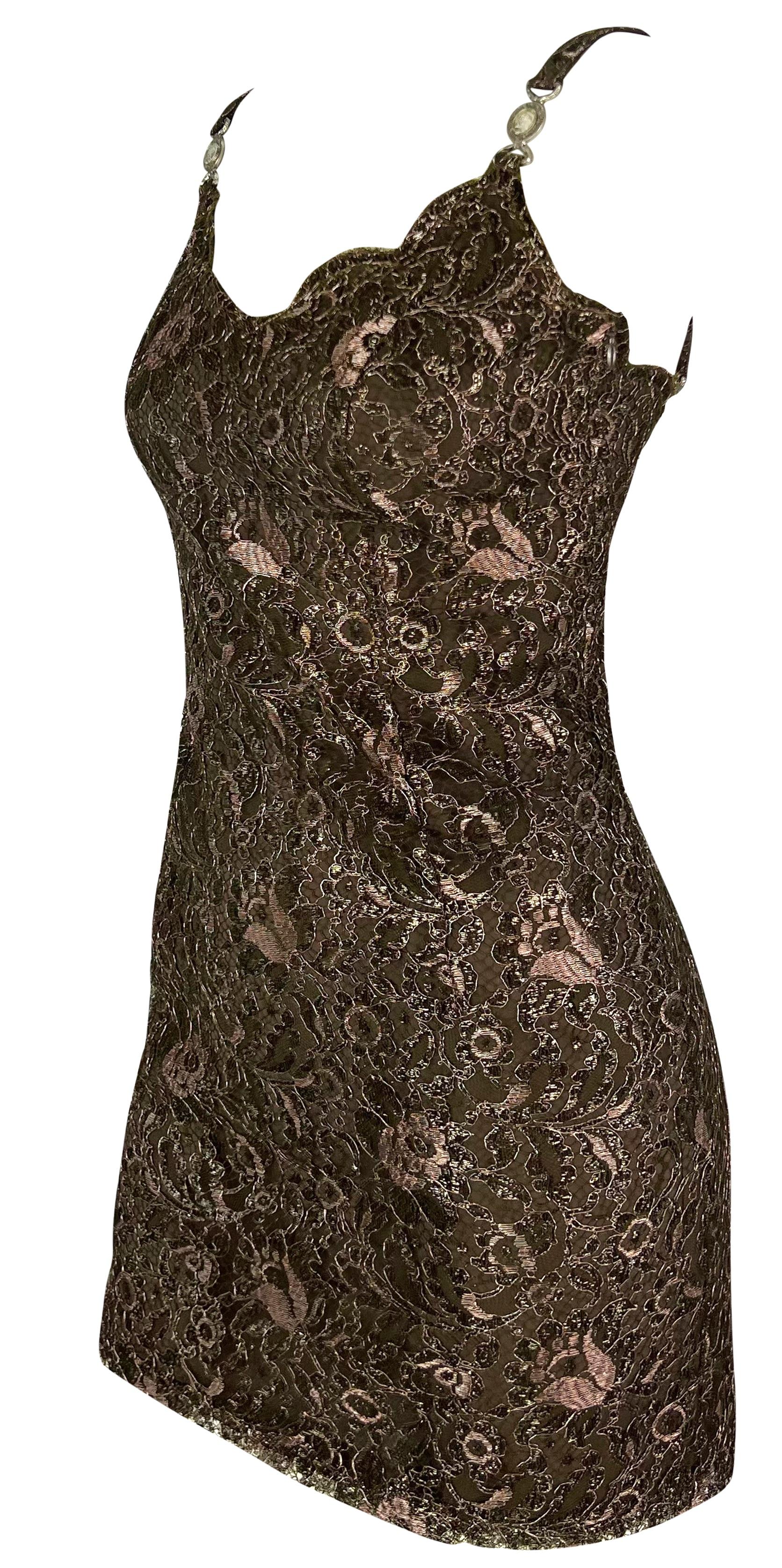 F/W 1996 Gianni Versace Couture Metallic Brown Floral Lace Medusa Mini Dress In Excellent Condition For Sale In West Hollywood, CA