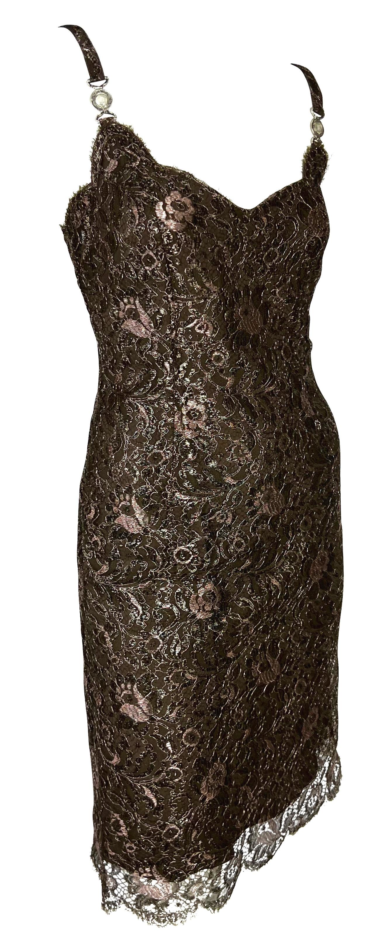 Black F/W 1996 Gianni Versace Couture Metallic Brown Floral Lace Medusa Mini Dress For Sale