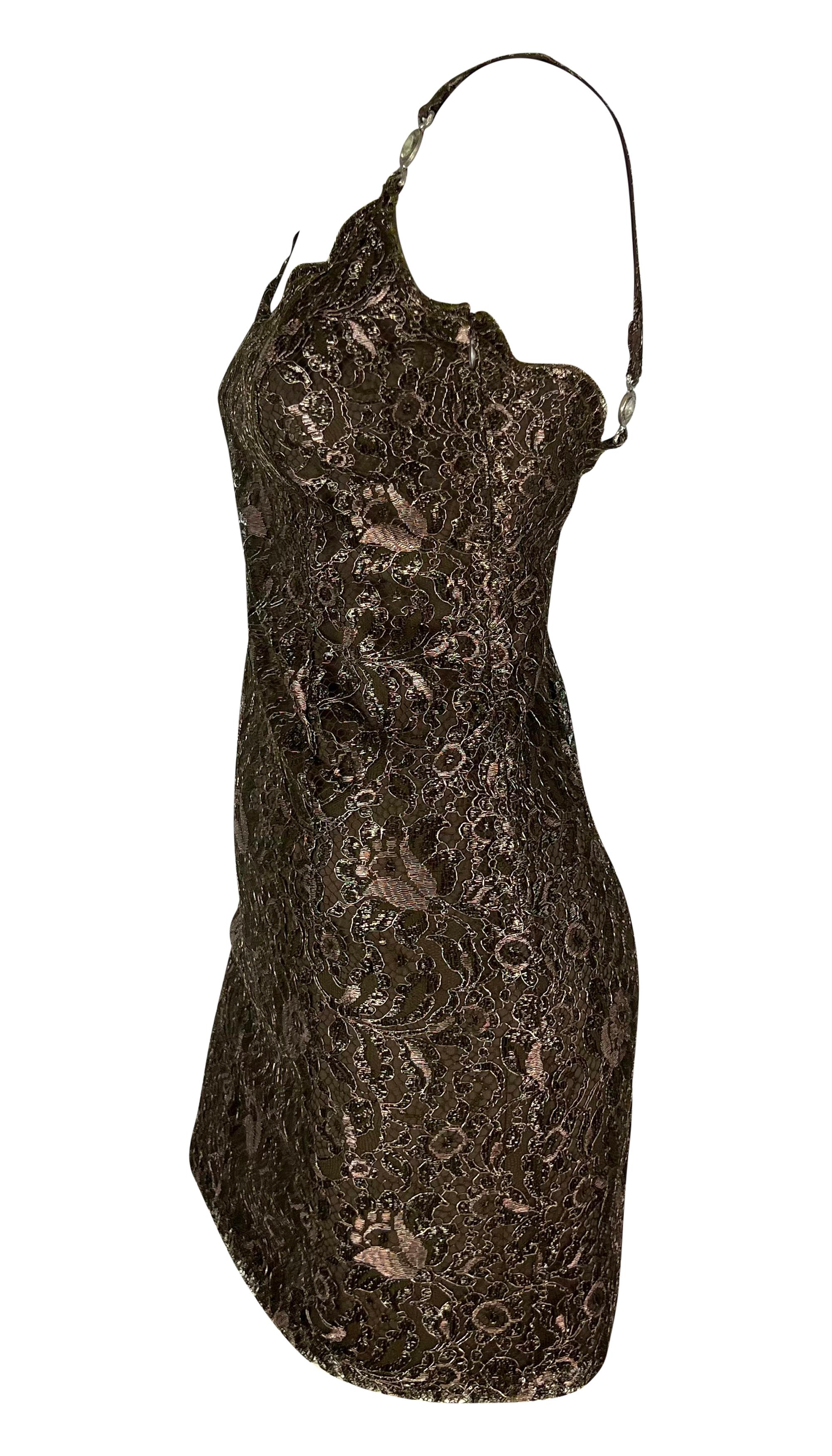 F/W 1996 Gianni Versace Couture Metallic Brown Floral Lace Medusa Mini Dress Pour femmes en vente