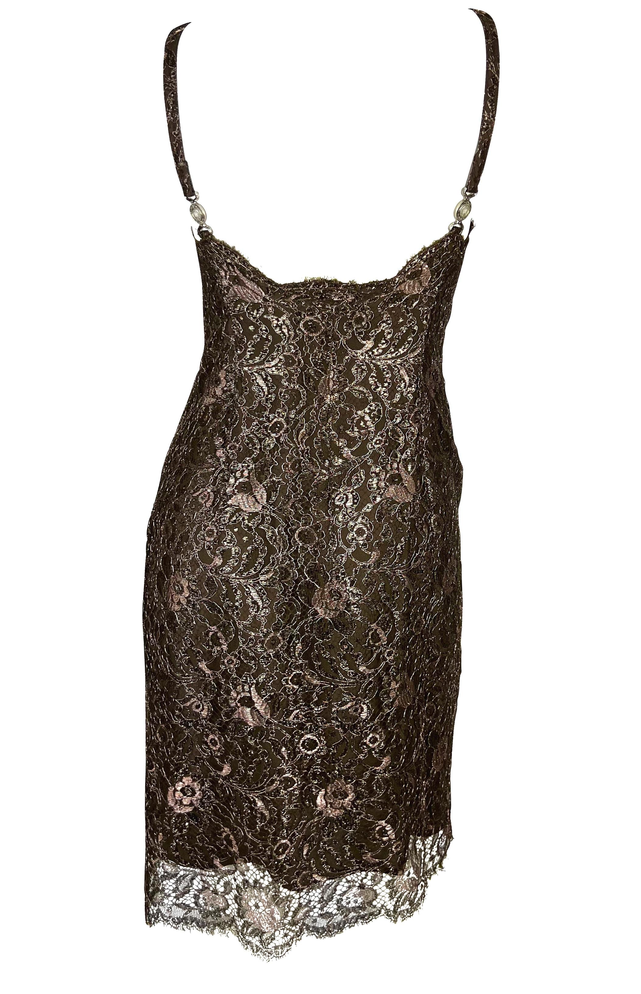 F/W 1996 Gianni Versace Couture Metallic Brown Floral Lace Medusa Mini Dress In Good Condition For Sale In West Hollywood, CA