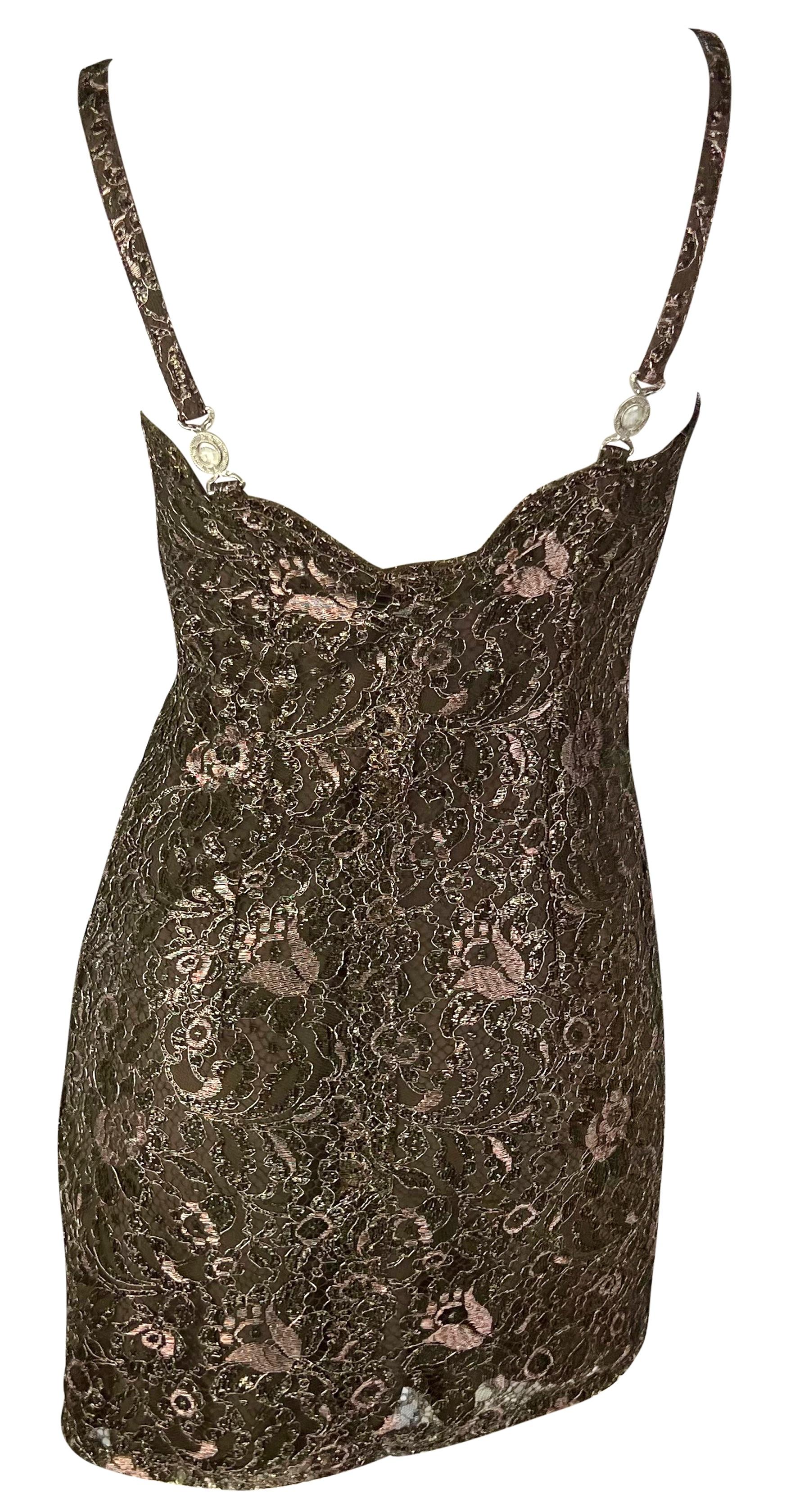 F/W 1996 Gianni Versace Couture Metallic Brown Floral Lace Medusa Mini Dress en vente 1