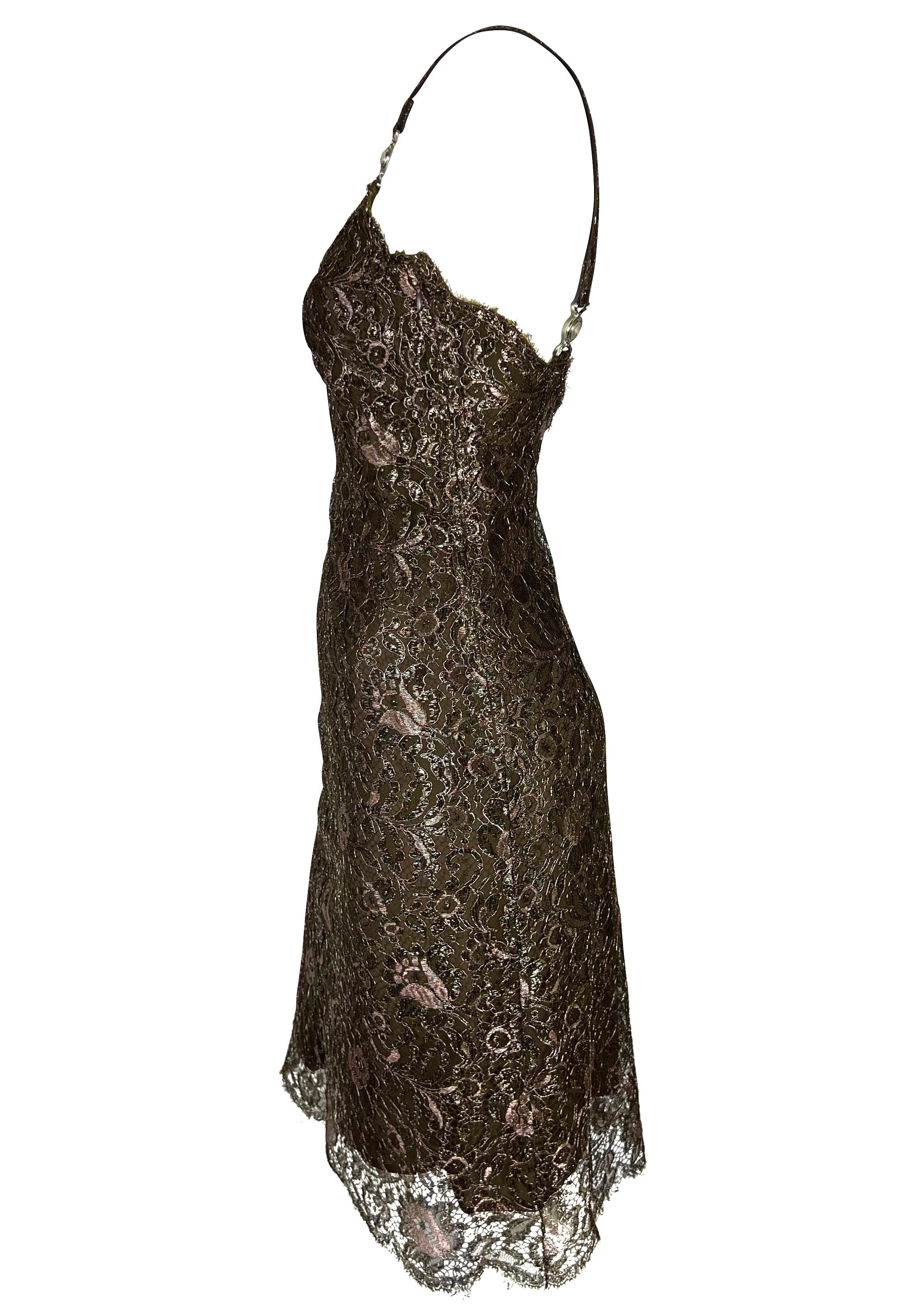 Women's F/W 1996 Gianni Versace Couture Metallic Brown Floral Lace Medusa Mini Dress For Sale