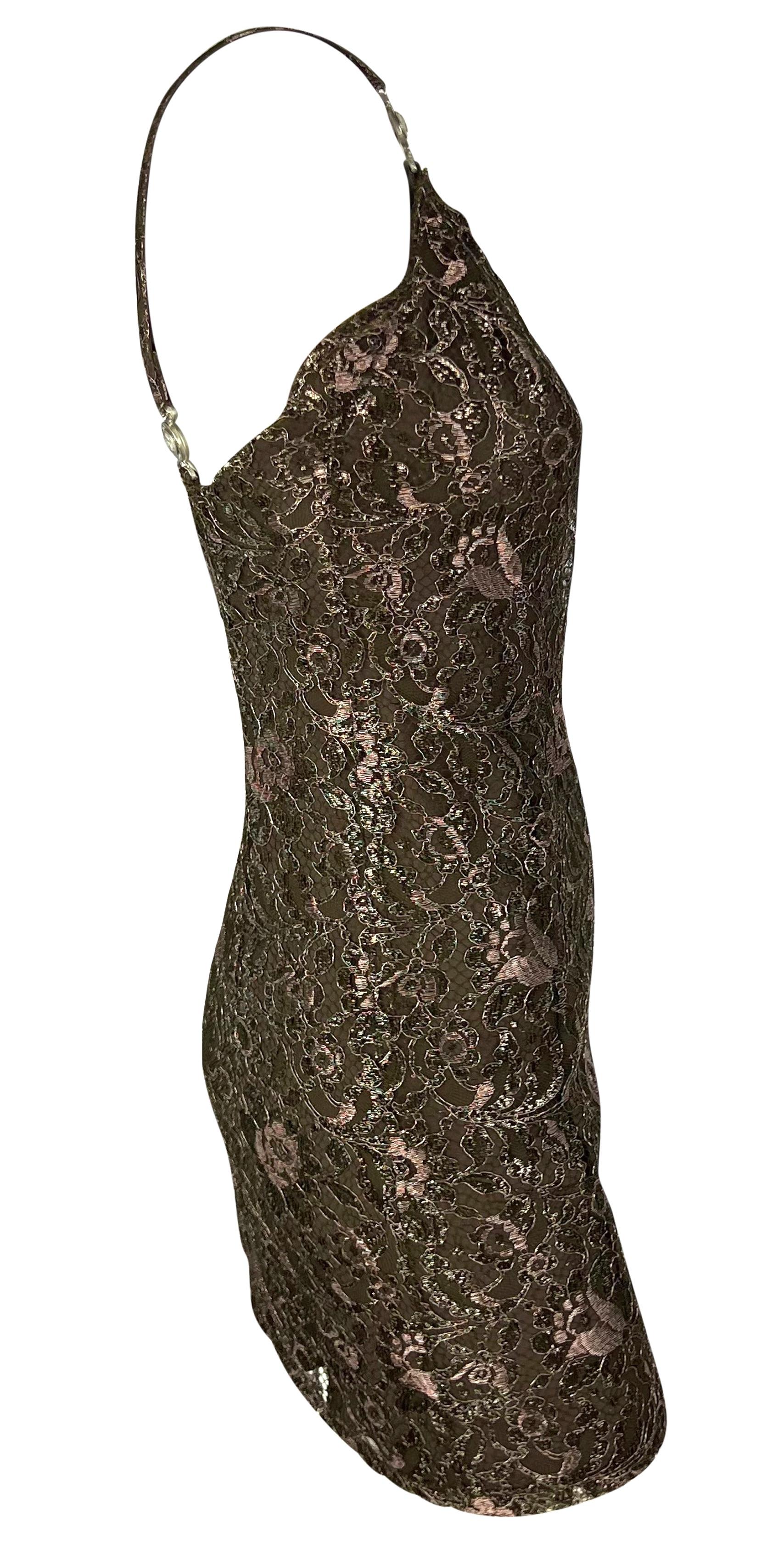 F/W 1996 Gianni Versace Couture Metallic Brown Floral Lace Medusa Mini Dress For Sale 2