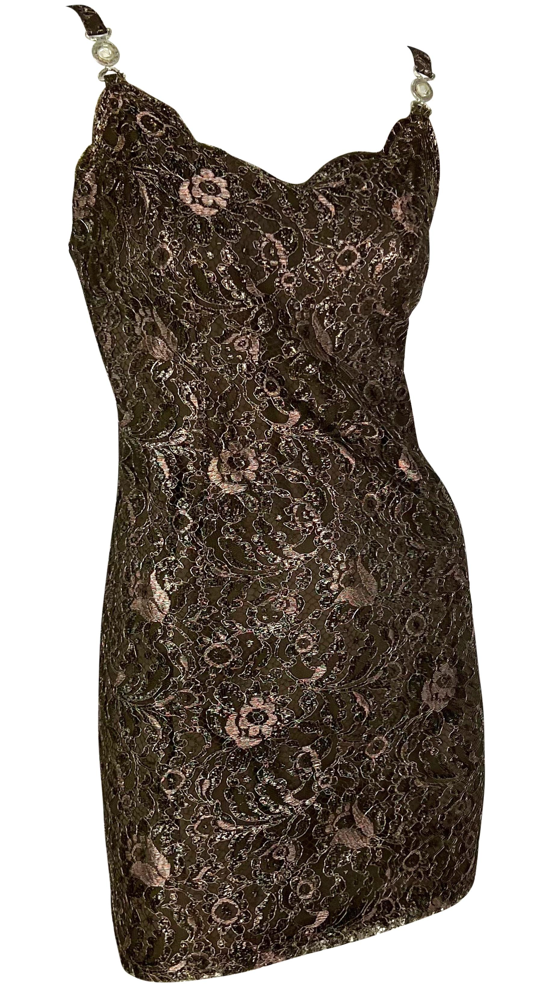 F/W 1996 Gianni Versace Couture Metallic Brown Floral Lace Medusa Mini Dress For Sale 3