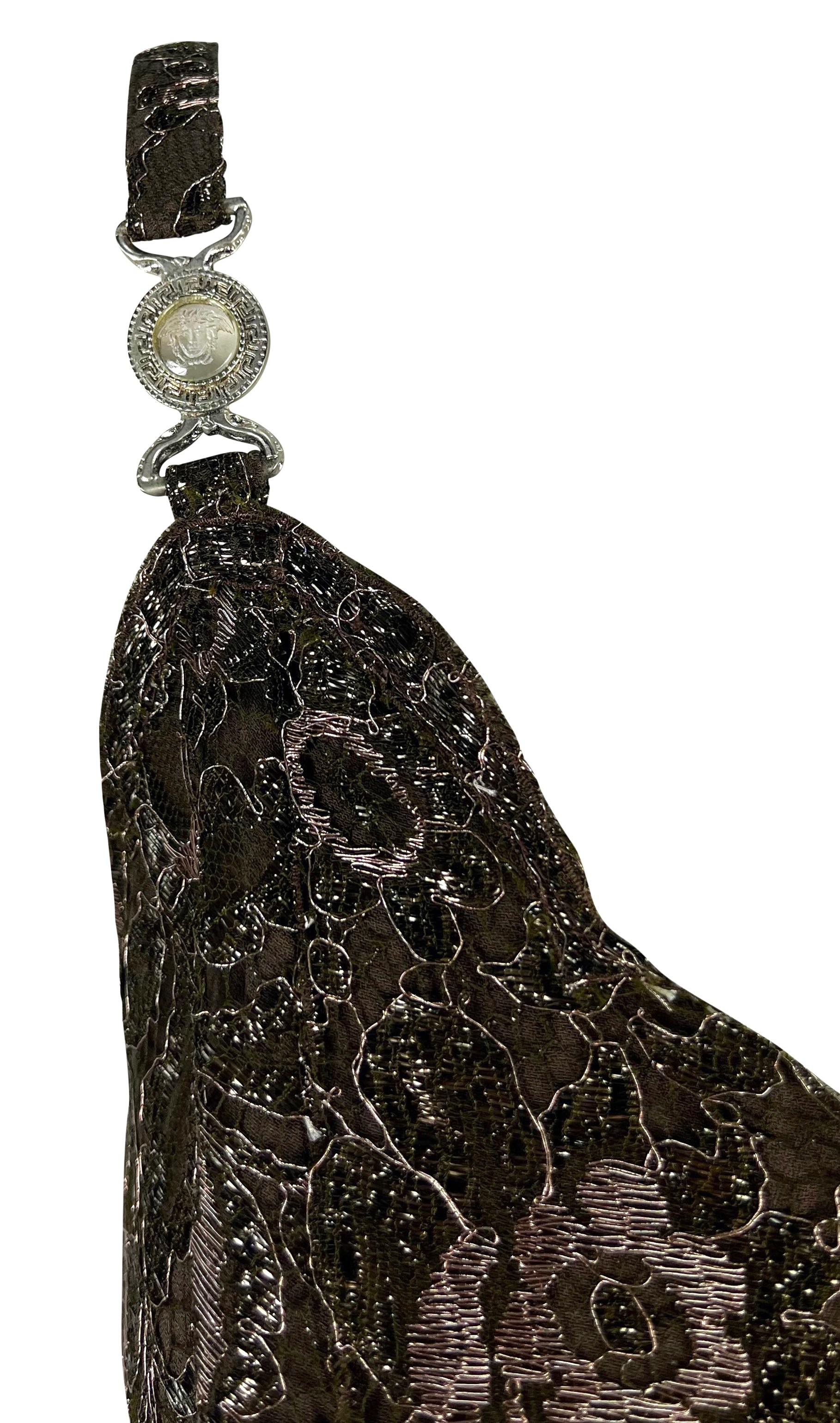F/W 1996 Gianni Versace Couture Metallic Brown Floral Lace Medusa Mini Dress en vente 3