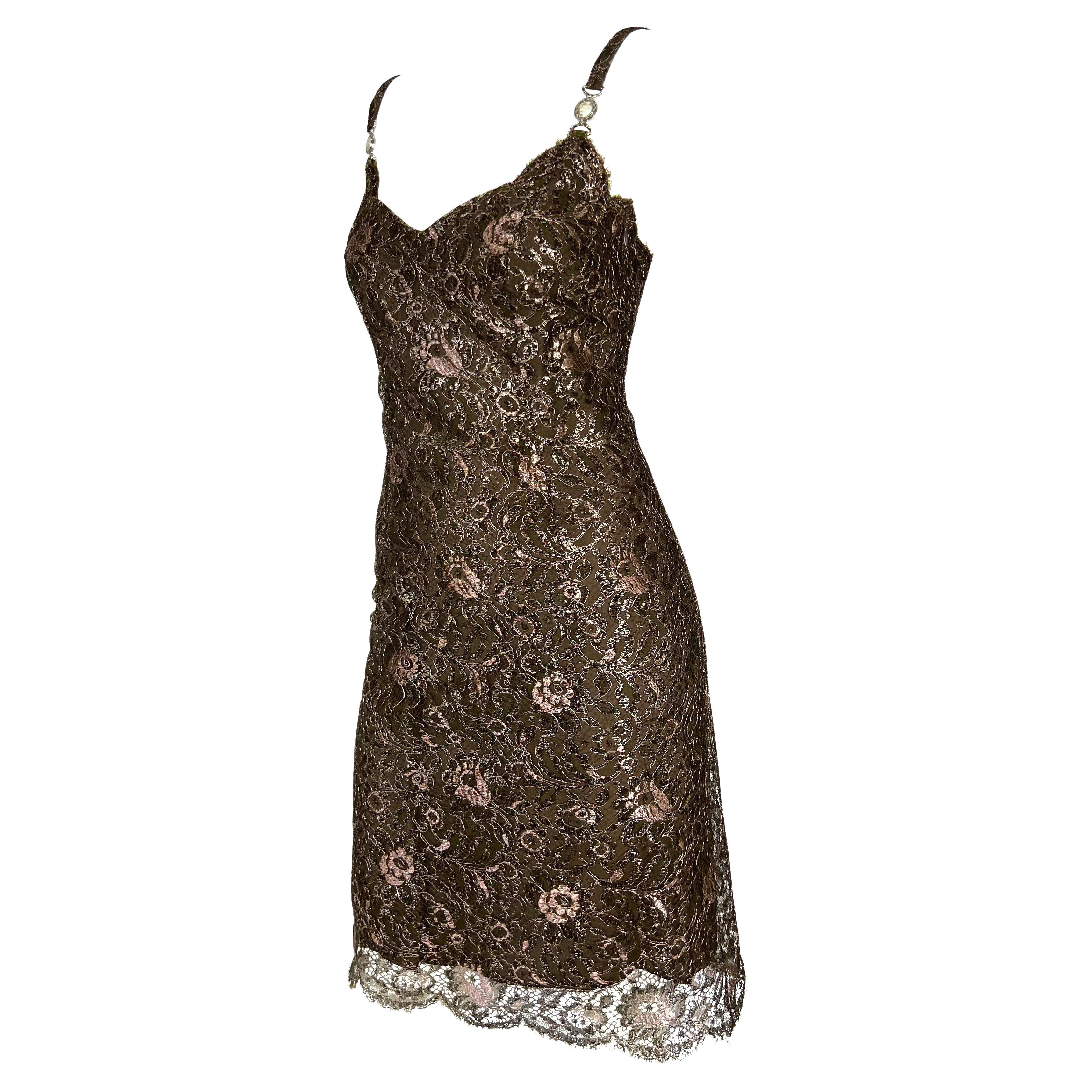 F/W 1996 Gianni Versace Couture Metallic Brown Floral Lace Medusa Mini Dress For Sale