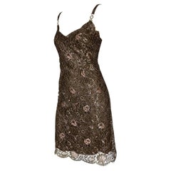 F/W 1996 Gianni Versace Couture Metallic Brown Floral Lace Medusa Mini Dress