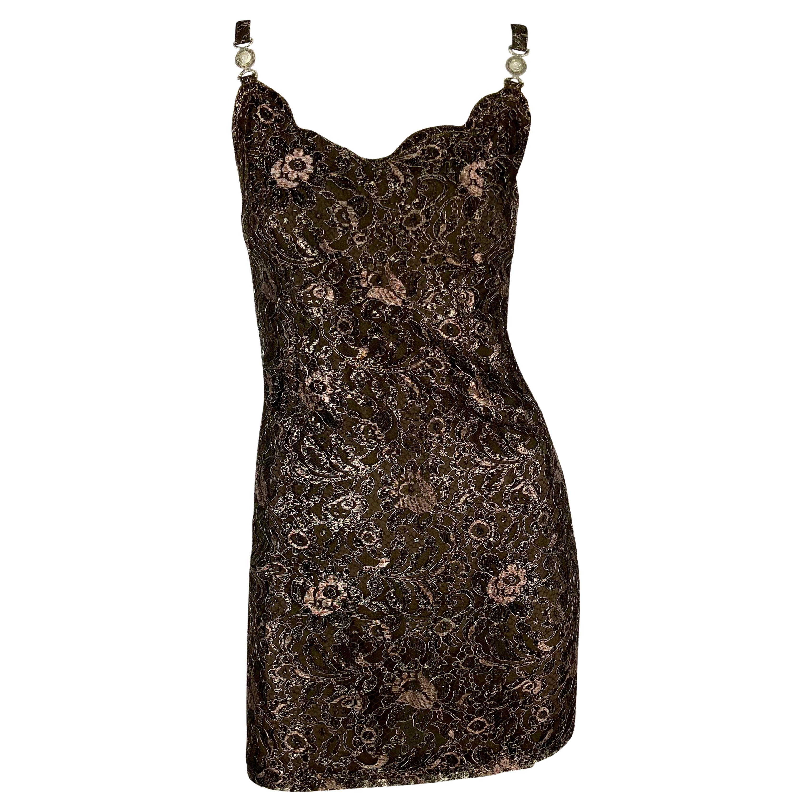 F/W 1996 Gianni Versace Couture Metallic Brown Floral Lace Medusa Mini Dress For Sale