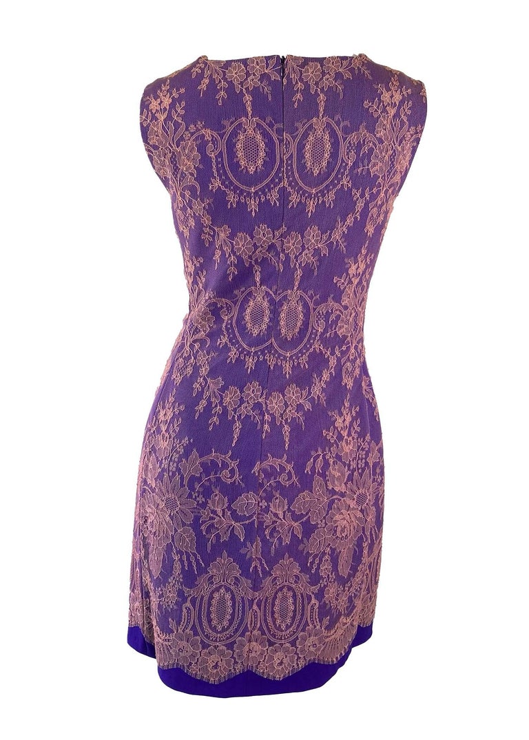 F/W 1996 Gianni Versace Couture Pink Lace Overlay Purple Mini Dress For Sale 1