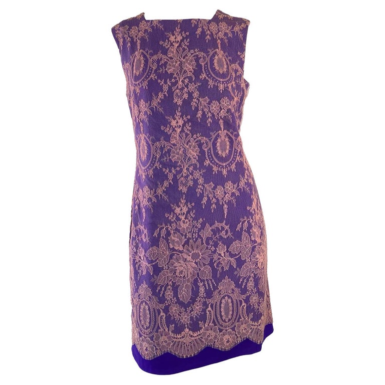 F/W 1996 Gianni Versace Couture Pink Lace Overlay Purple Mini Dress For Sale