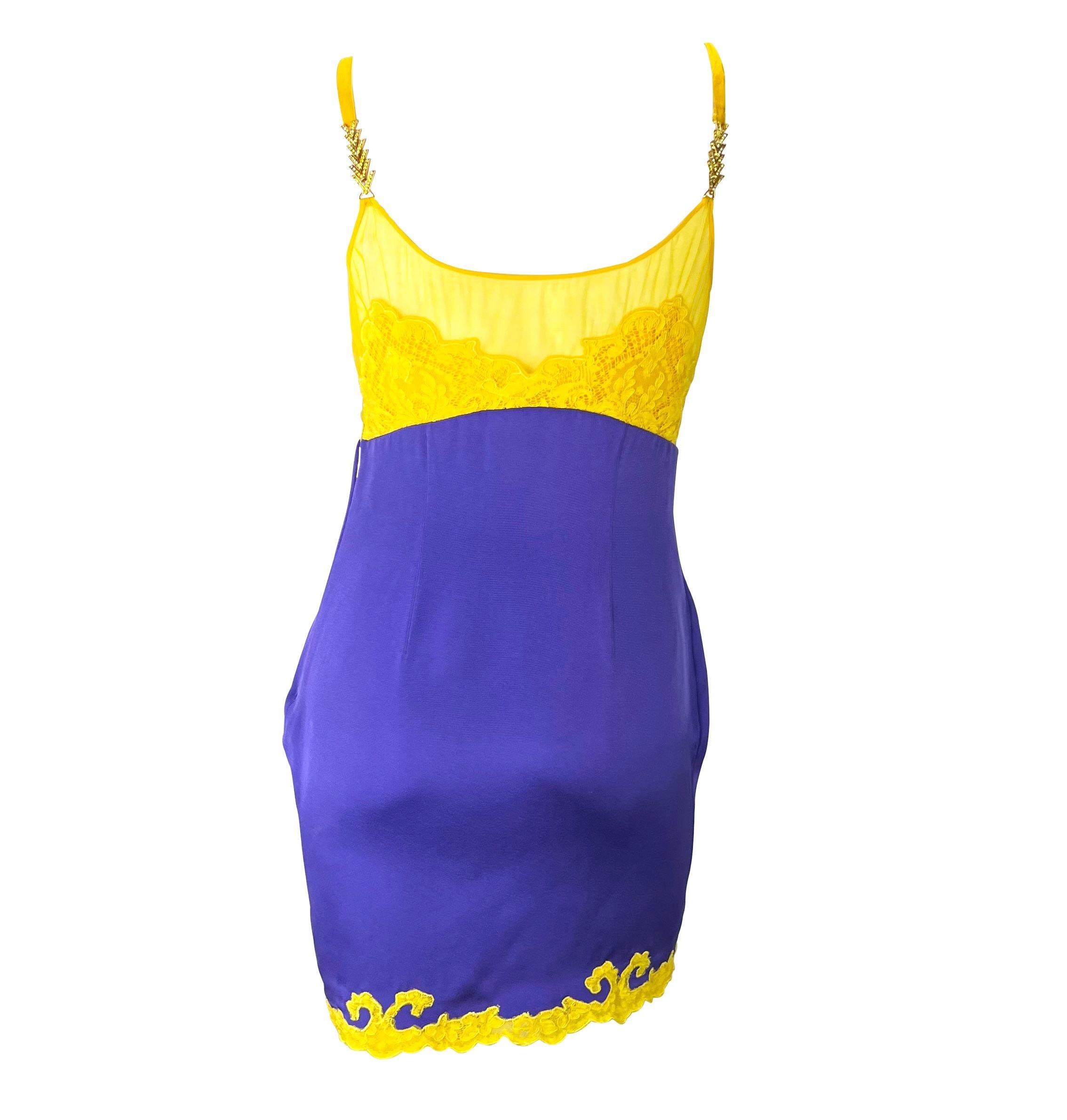 Women's F/W 1996 Gianni Versace Couture Purple Satin Yellow Lace Rhinestone Slip Dress For Sale