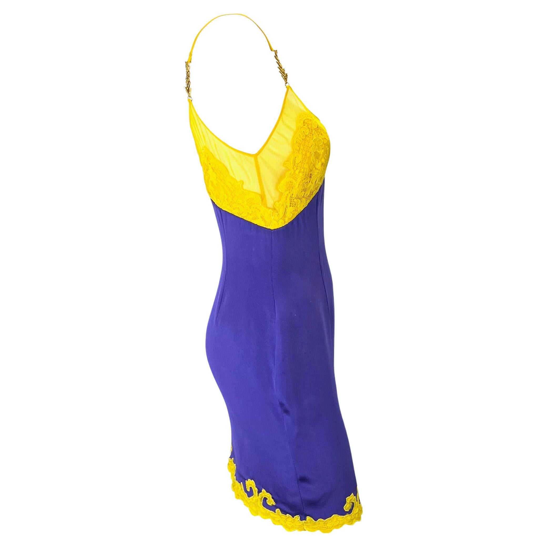 F/W 1996 Gianni Versace Couture Purple Satin Yellow Lace Rhinestone Slip Dress For Sale 1