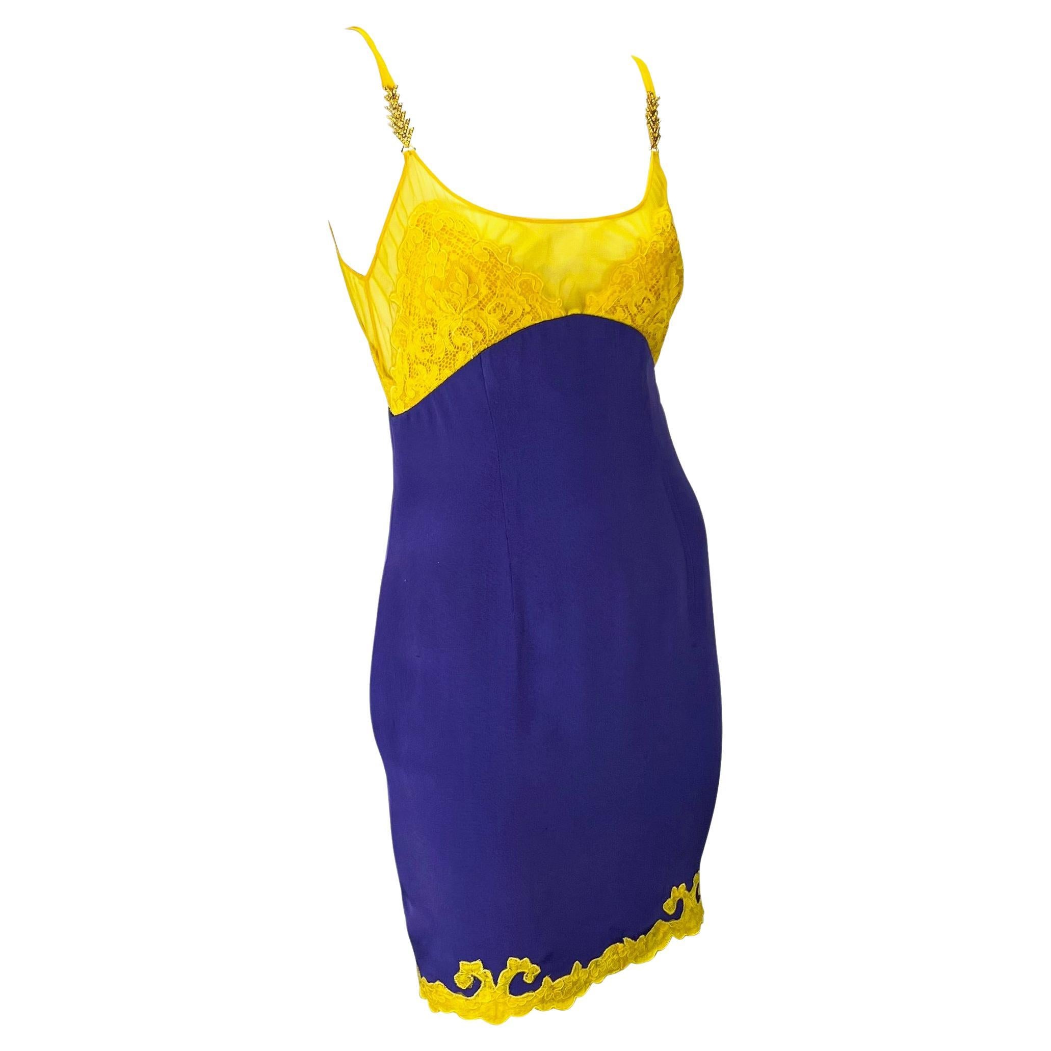 F/W 1996 Gianni Versace Couture Purple Satin Yellow Lace Rhinestone Slip Dress For Sale 2