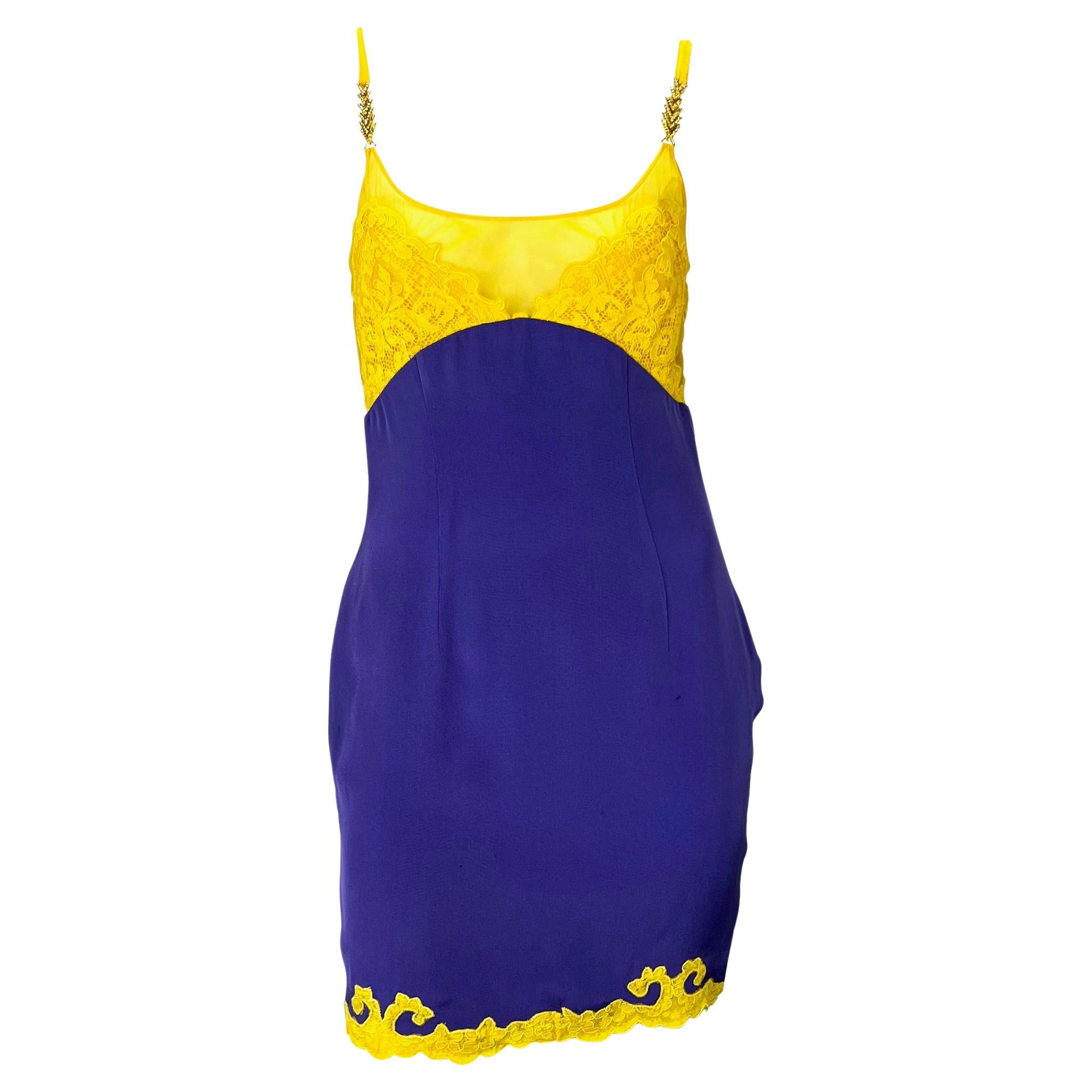 F/W 1996 Gianni Versace Couture Purple Satin Yellow Lace Rhinestone Slip Dress For Sale