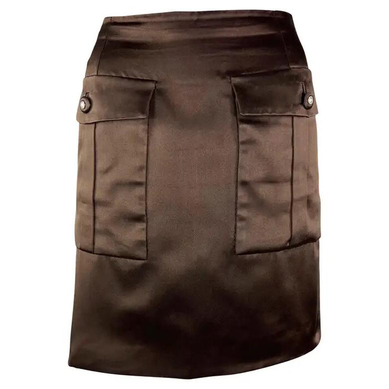 F/W 1996 Gianni Versace Couture Rhinstone Medusa Brown Silk Satin Mini Skirt en vente