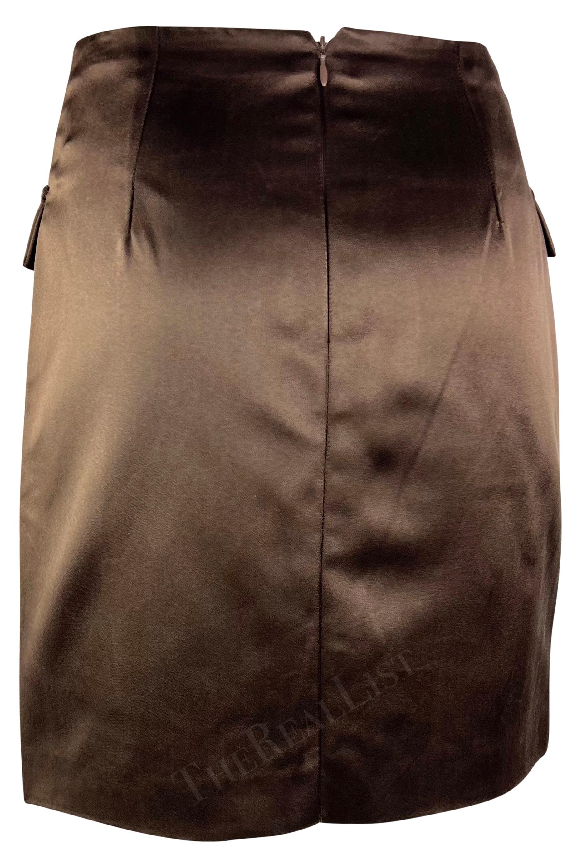 F/W 1996 Gianni Versace Couture Rhinstone Medusa Brown Silk Satin Mini Skirt In Good Condition For Sale In West Hollywood, CA