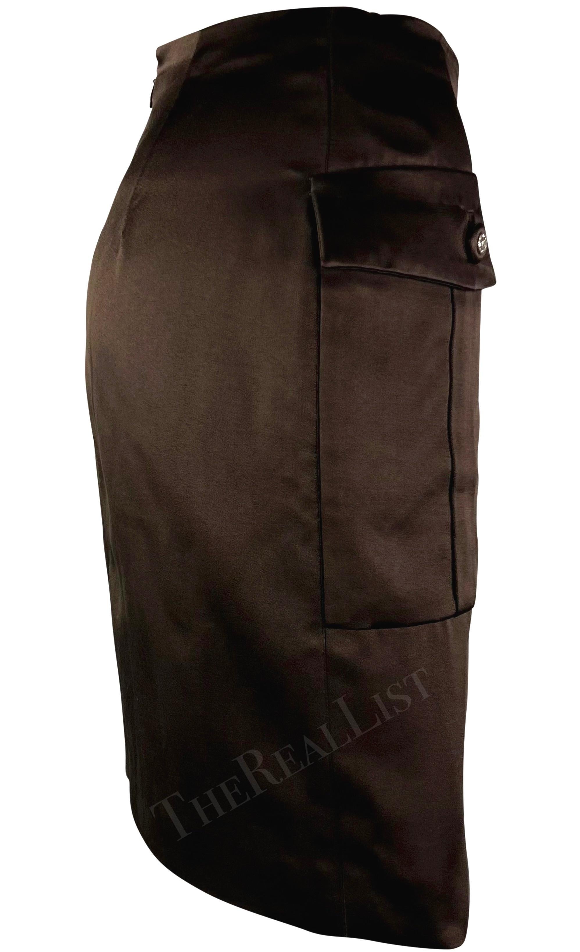 Women's F/W 1996 Gianni Versace Couture Rhinstone Medusa Brown Silk Satin Mini Skirt For Sale