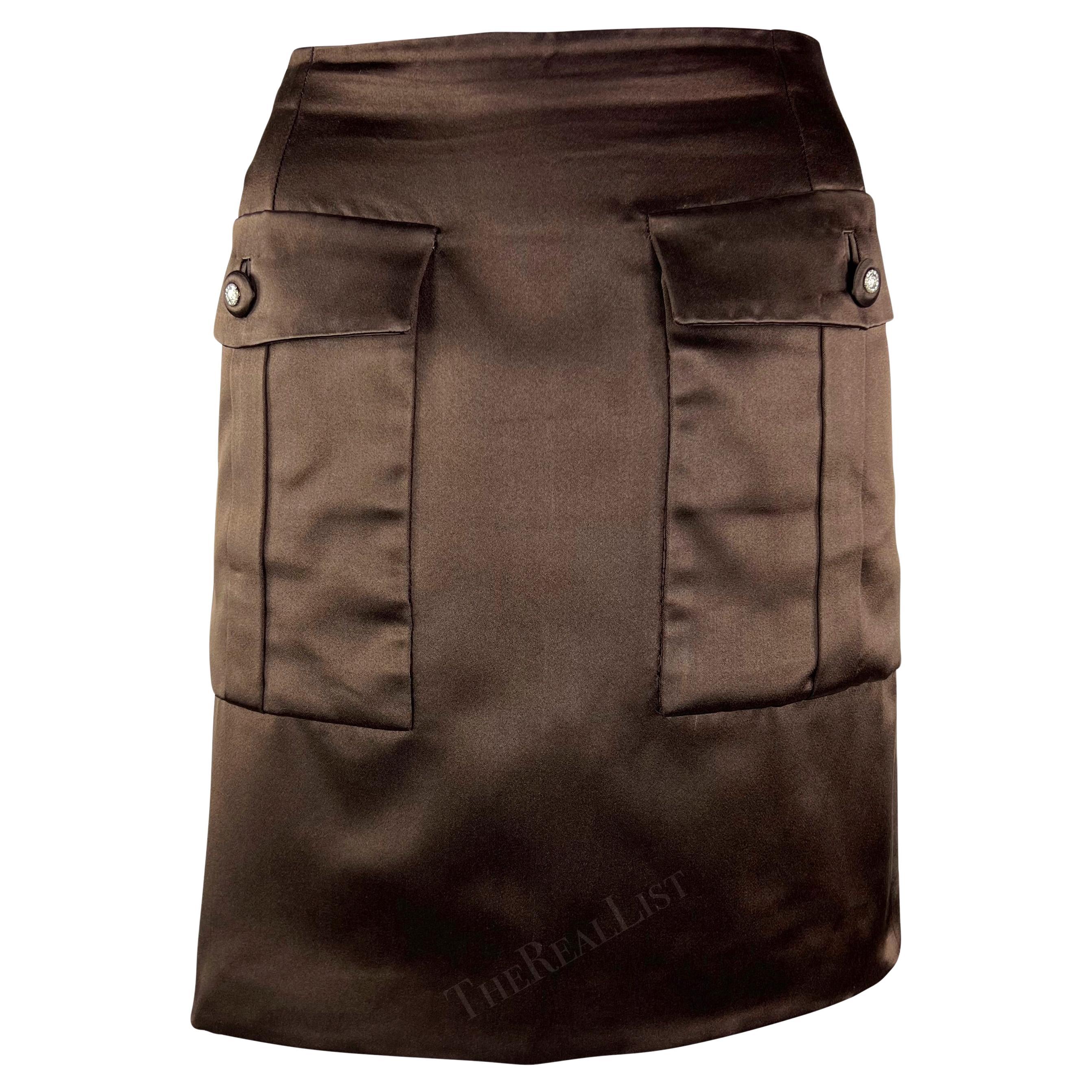 F/W 1996 Gianni Versace Couture Rhinstone Medusa Brown Silk Satin Mini Skirt For Sale