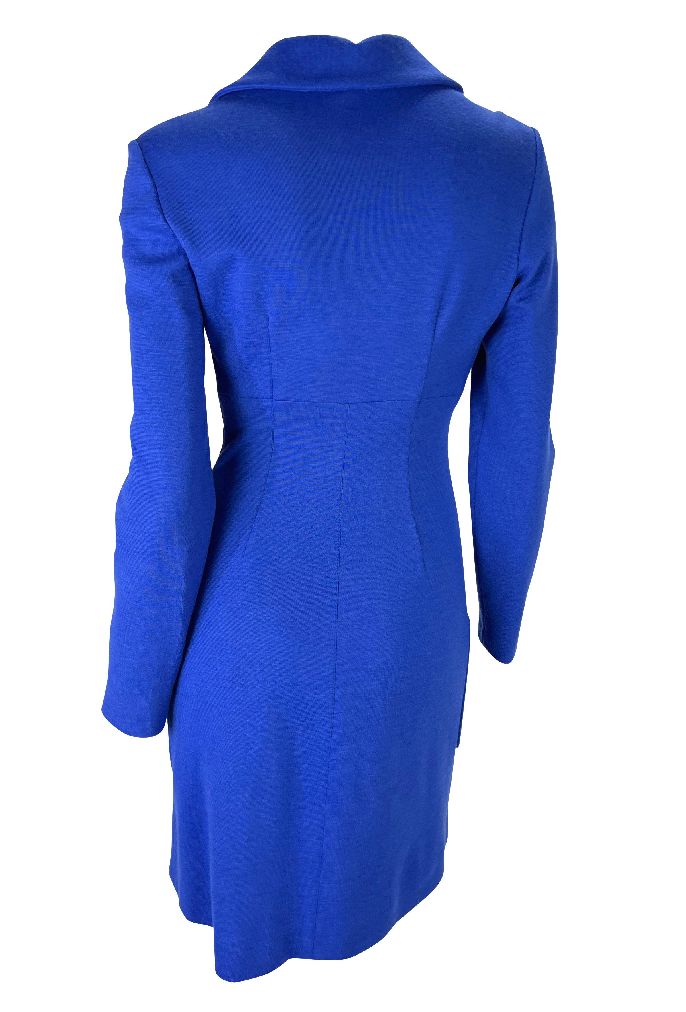 Women's F/W 1996 Gianni Versace Couture Royal Blue Wool Medusa Cinched Button Dress  For Sale