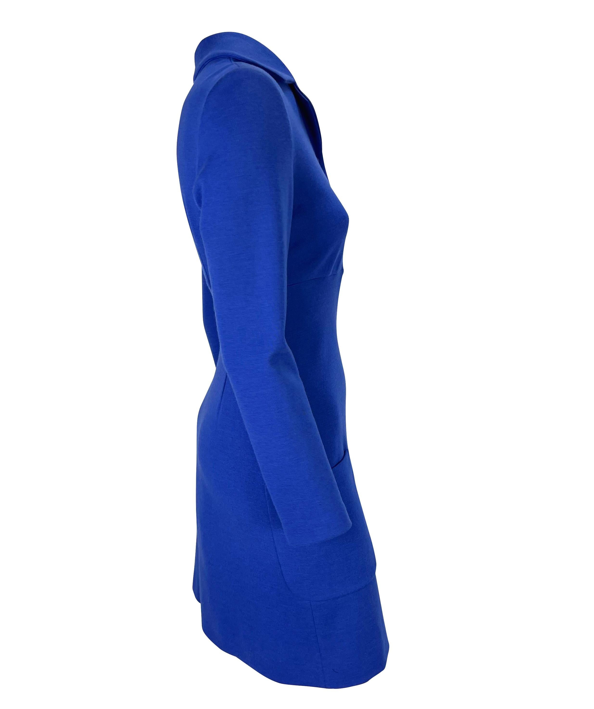 F/W 1996 Gianni Versace Couture Royal Blue Wool Medusa Cinched Button Dress  For Sale 1