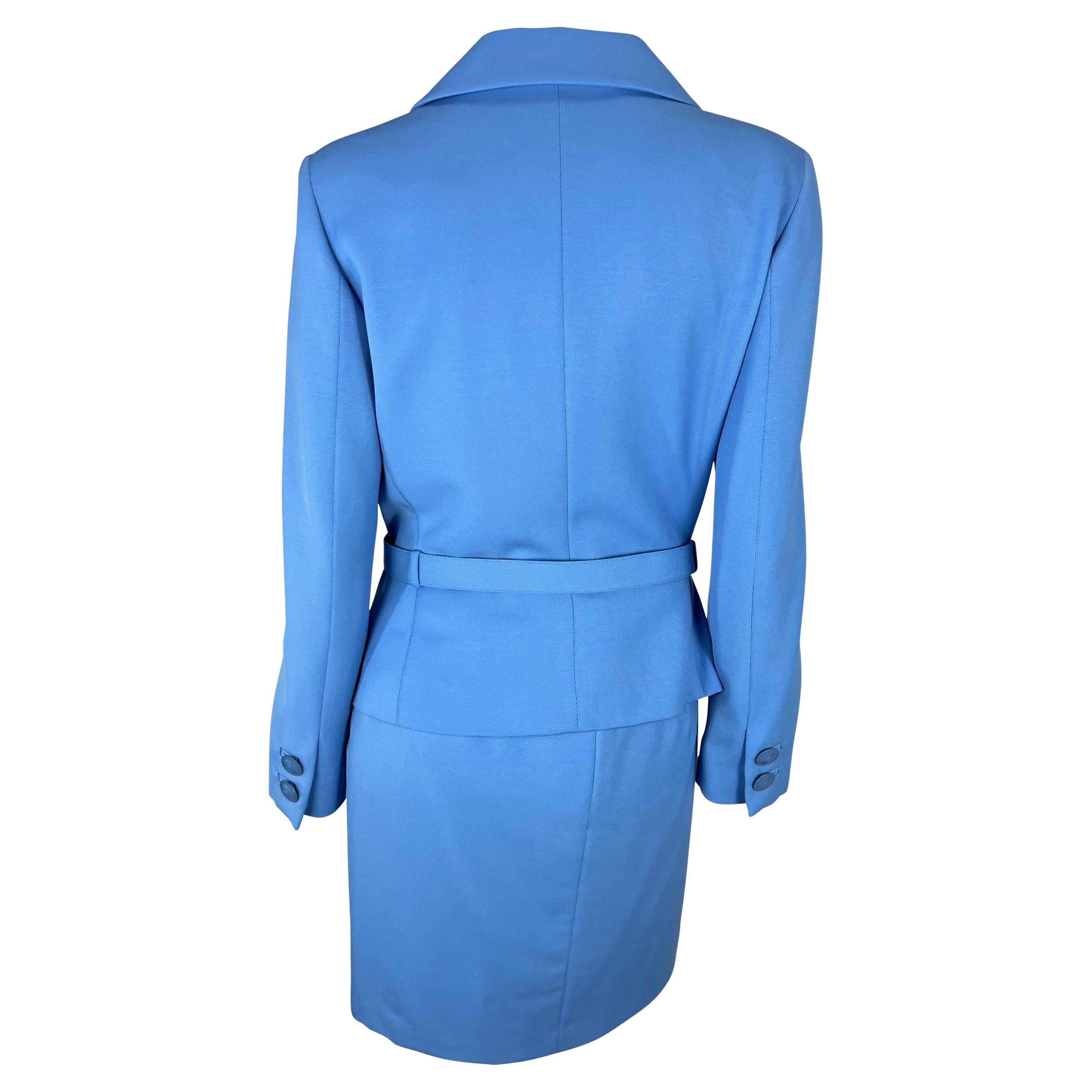 F/W 1996 Gianni Versace Couture Runway Baby Blue Medusa Wool Belted Skirt Suit In Good Condition For Sale In West Hollywood, CA
