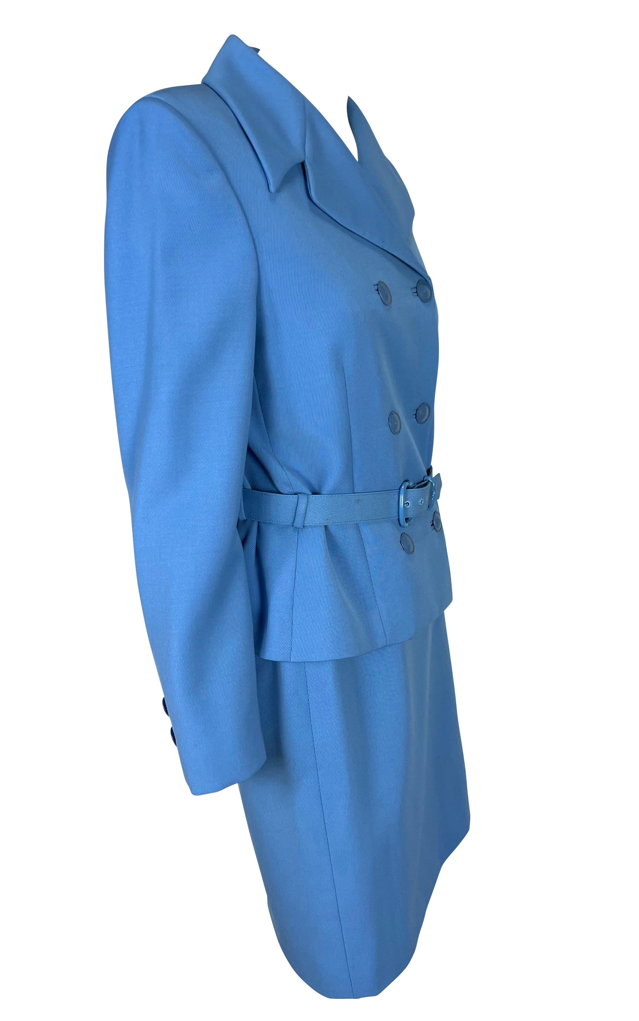 F/W 1996 Gianni Versace Couture Runway Baby Blue Medusa Wool Belted Skirt Suit For Sale 1