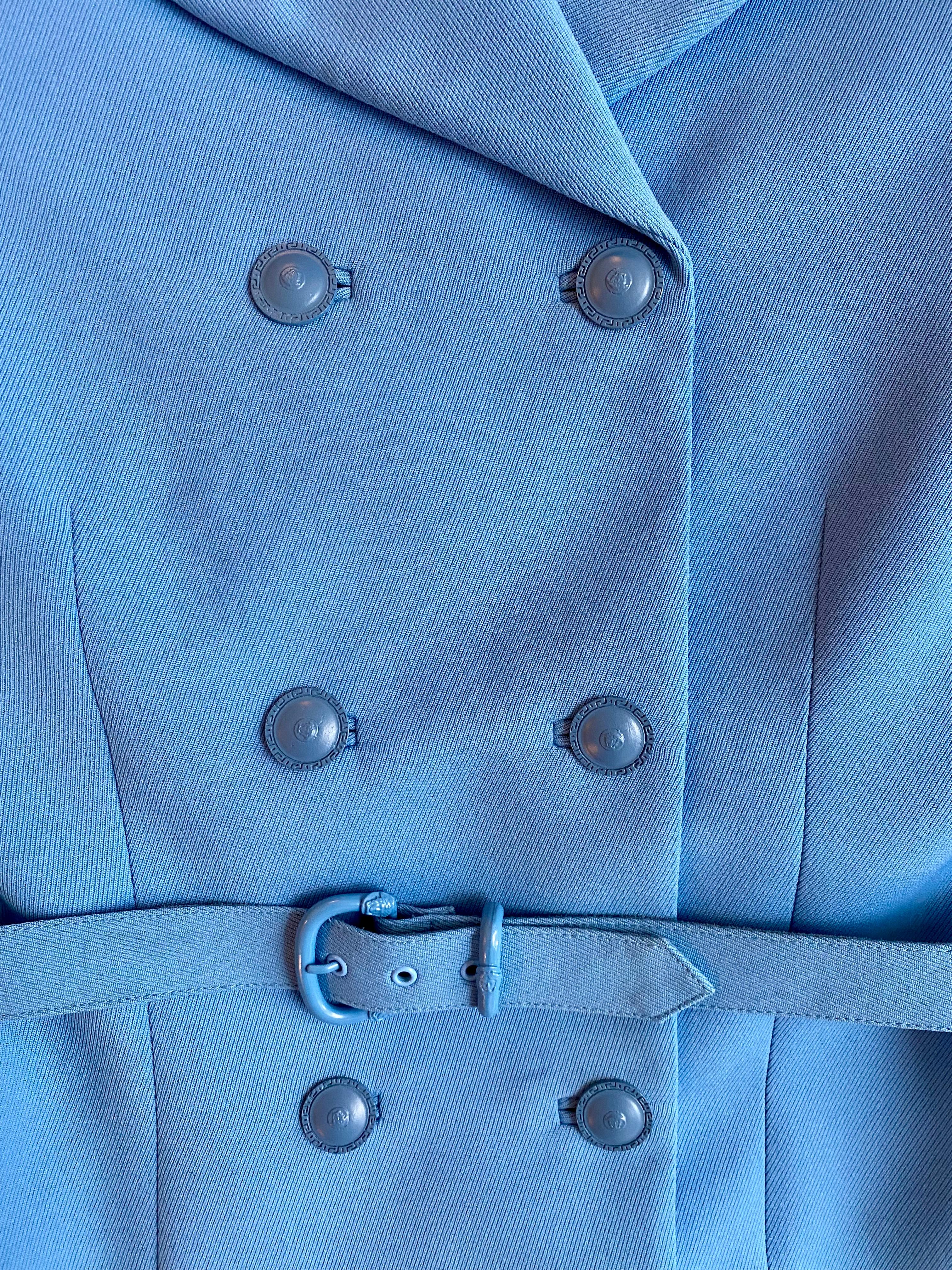 F/W 1996 Gianni Versace Couture Runway Baby Blue Medusa Wool Belted Skirt Suit For Sale 2