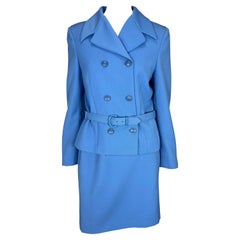 F/W 1996 Gianni Versace Couture Runway Baby Blue Medusa Wool Belted Skirt Suit