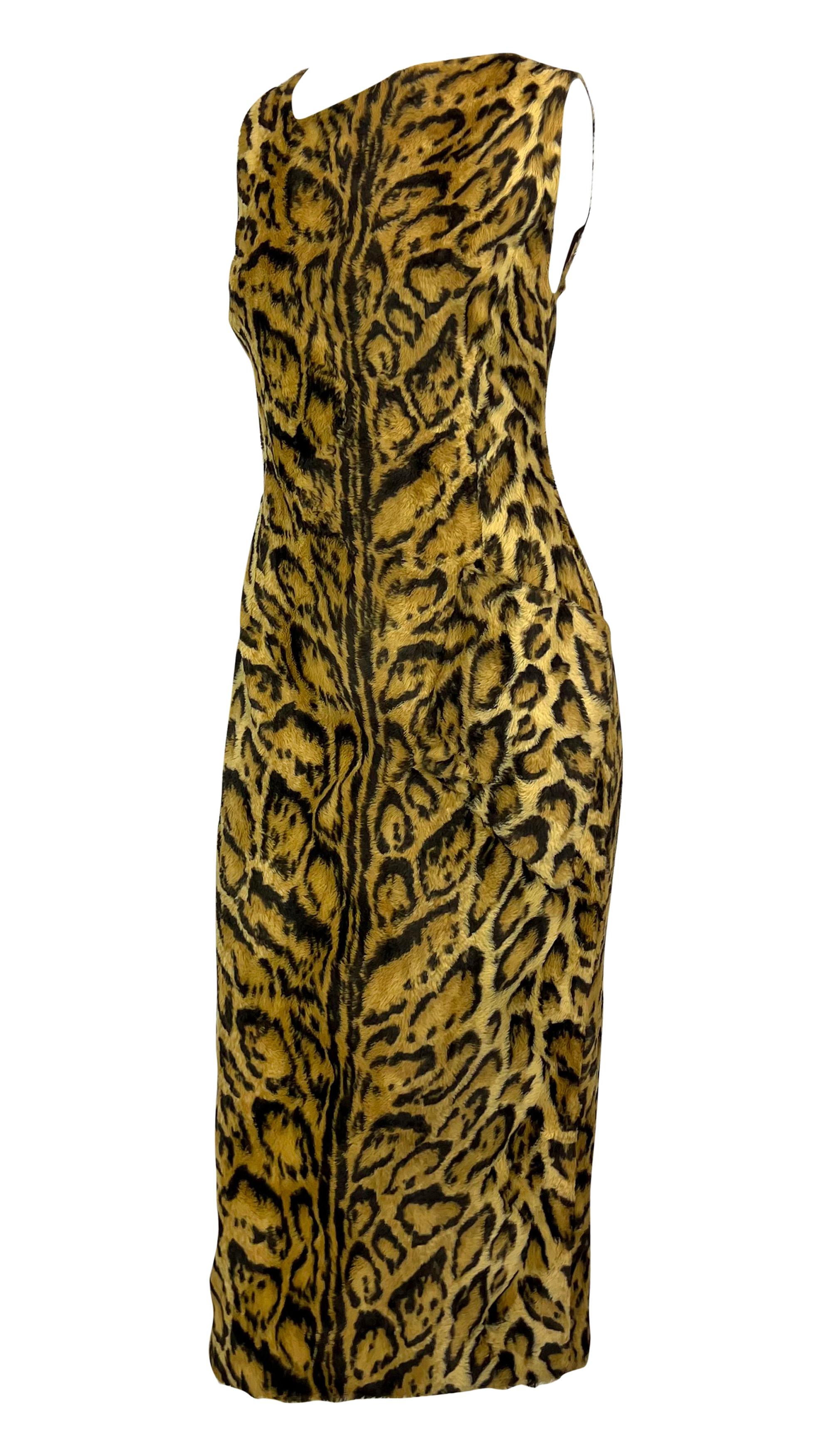 Women's F/W 1996 Gianni Versace Kate Moss Ad Faux Leopard Fur Sleeveless Pencil Dress