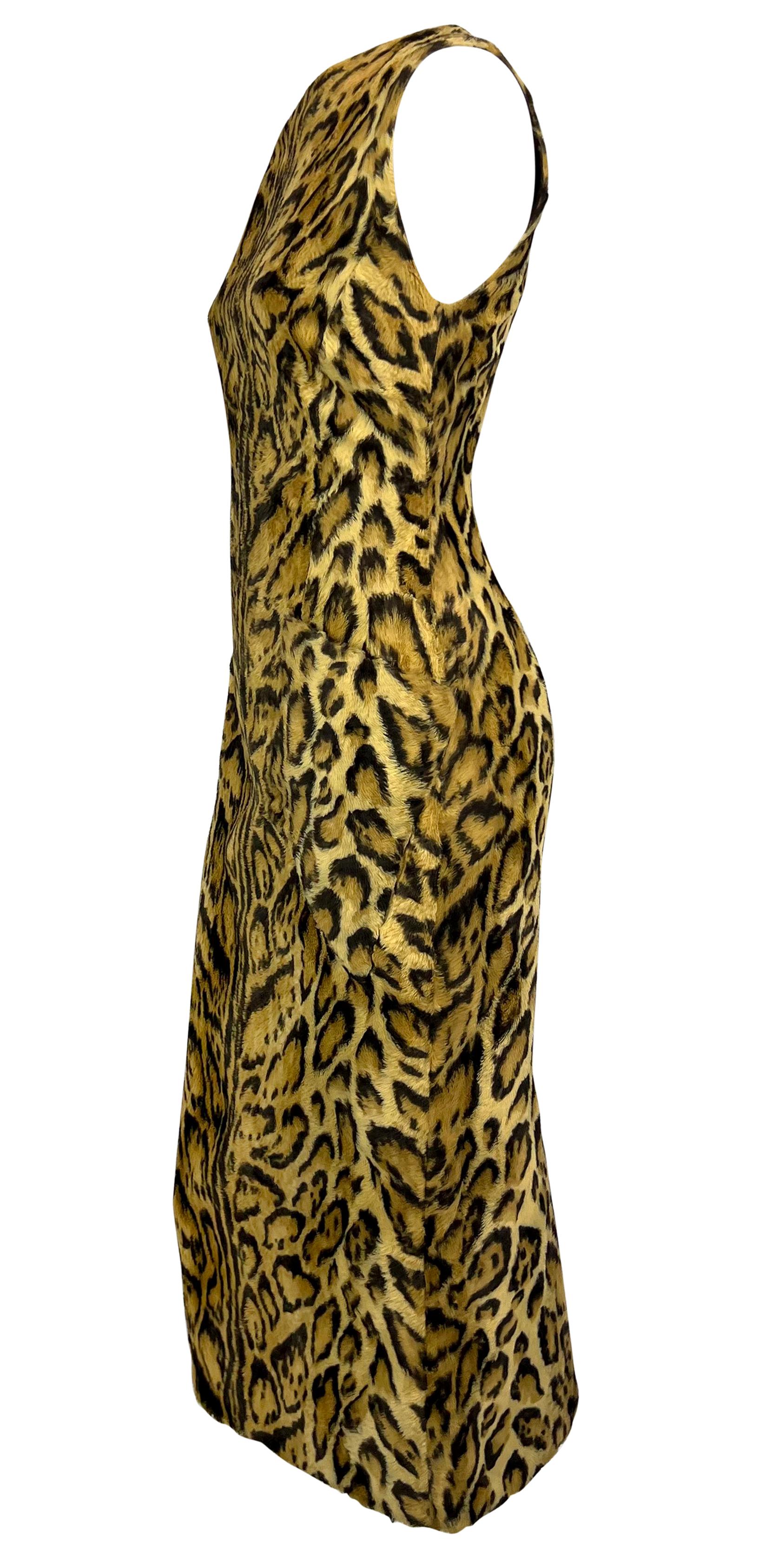 F/W 1996 Gianni Versace Kate Moss Ad Faux Leopard Fur Sleeveless Pencil Dress 1