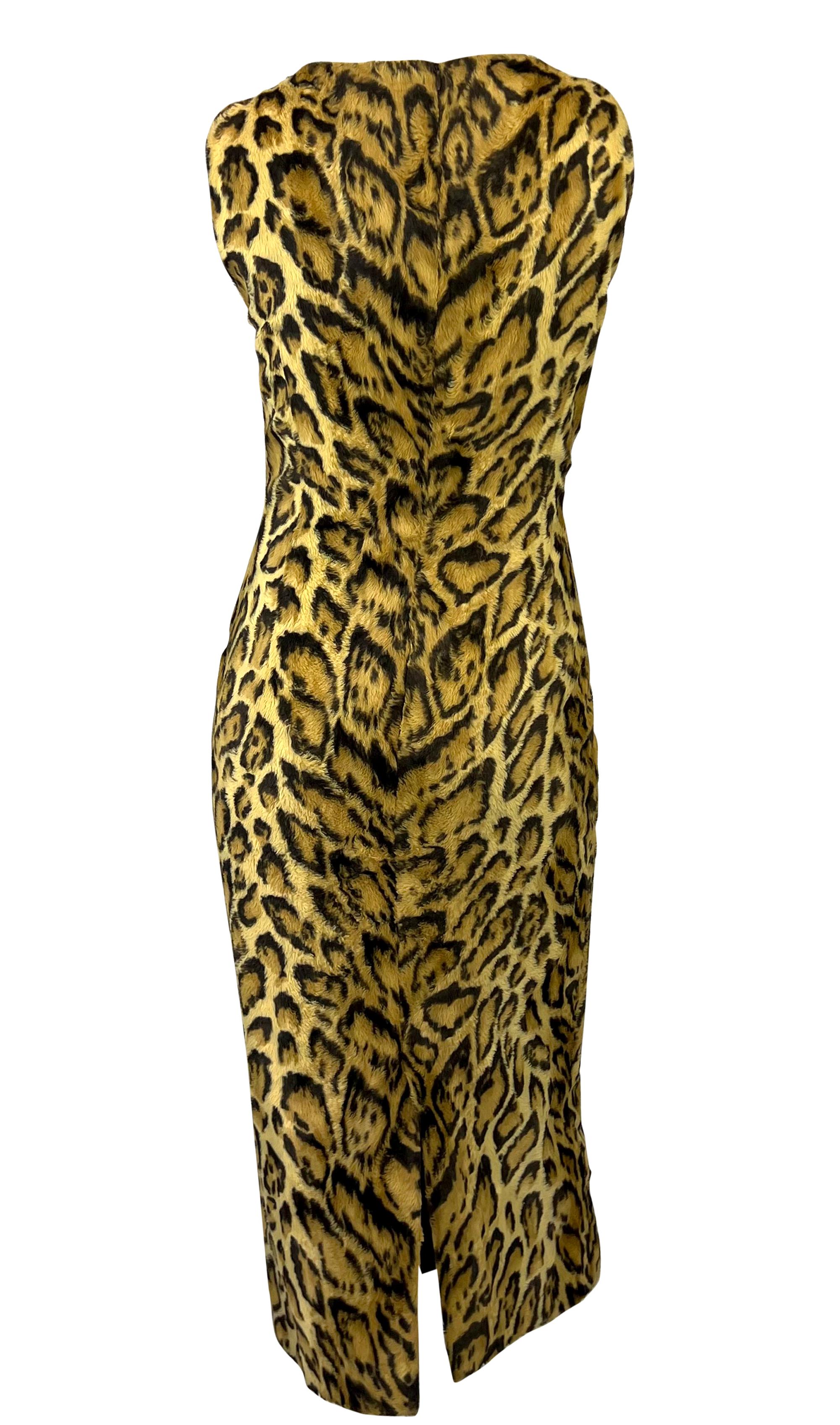 F/W 1996 Gianni Versace Kate Moss Ad Faux Leopard Fur Sleeveless Pencil Dress 2