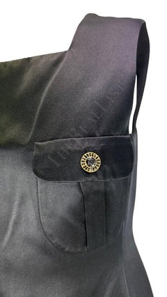 F/W 1996 Gianni Versace Rhinestone Medusa Pocket Black Satin Mini Dress